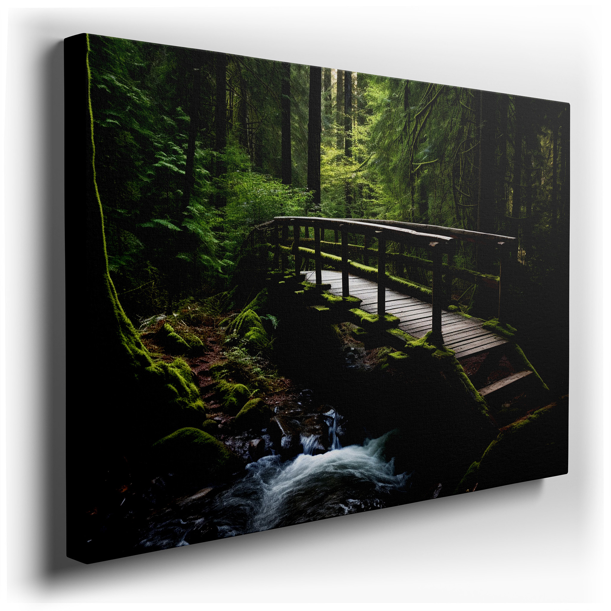 Serene Forest Landscape Featuring a Rustic Wooden Bridge Over a Babbling Stream - Large Canvas Wall Art for Home and