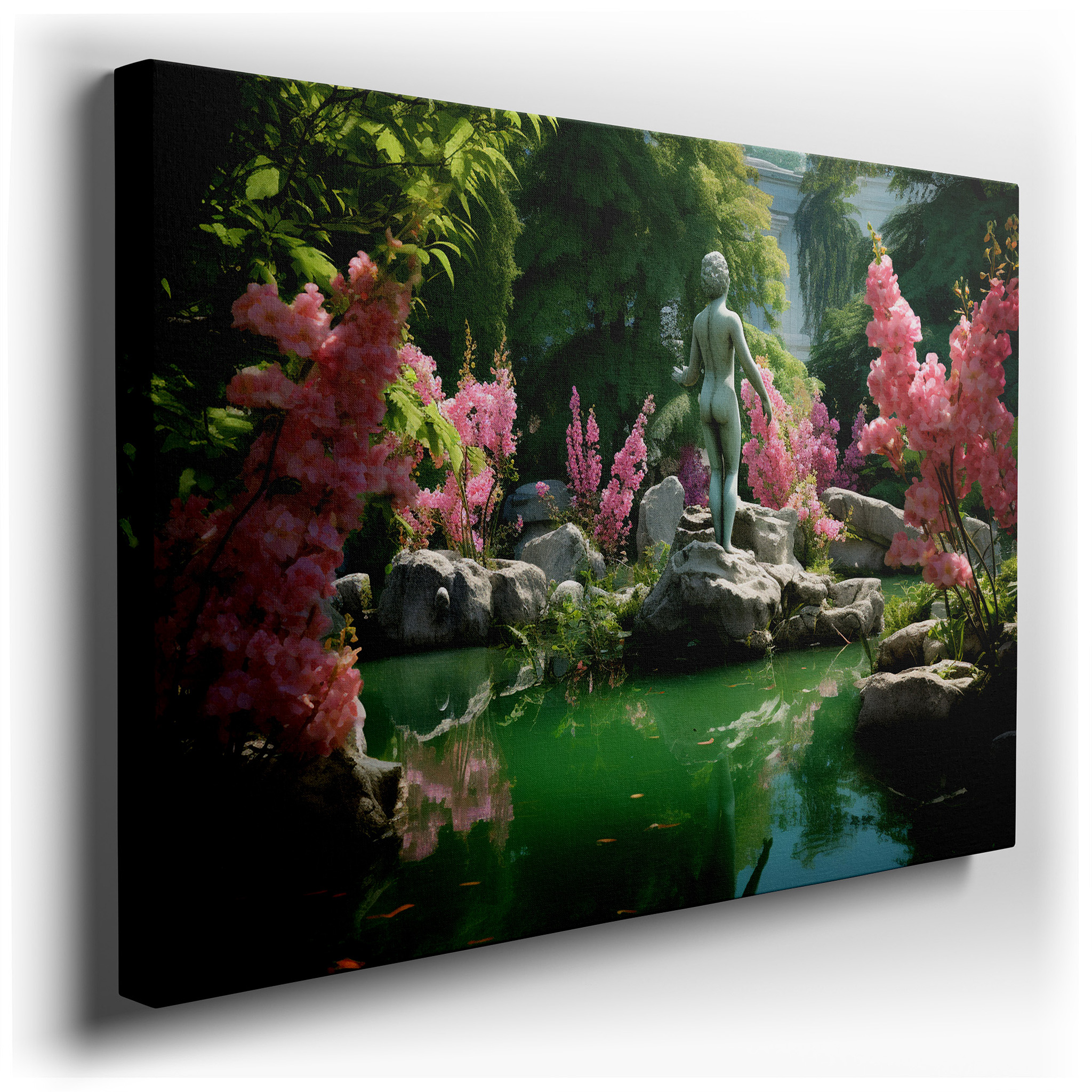 Serene Garden Oasis Canvas Wall Art Featuring a Pond, Graceful Statue, and Vivid Pink Flowers - Ideal for Office or