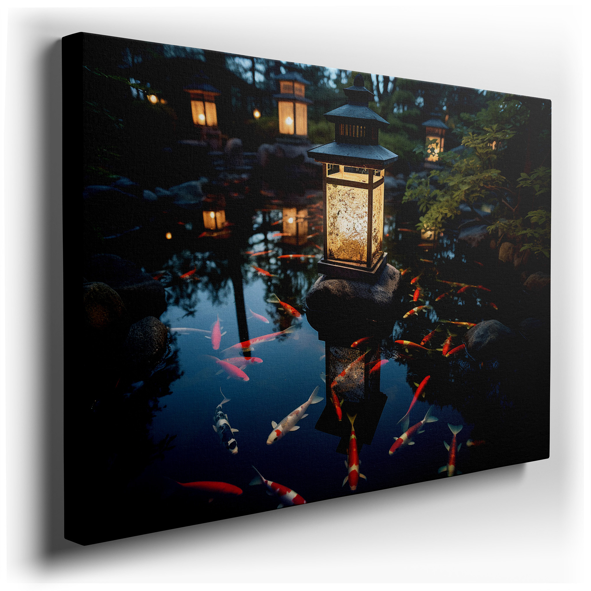 Serene Garden Pond Canvas Wall Art Featuring Glowing Lanterns and Graceful Koi for Office, Bedroom, and Living Room
