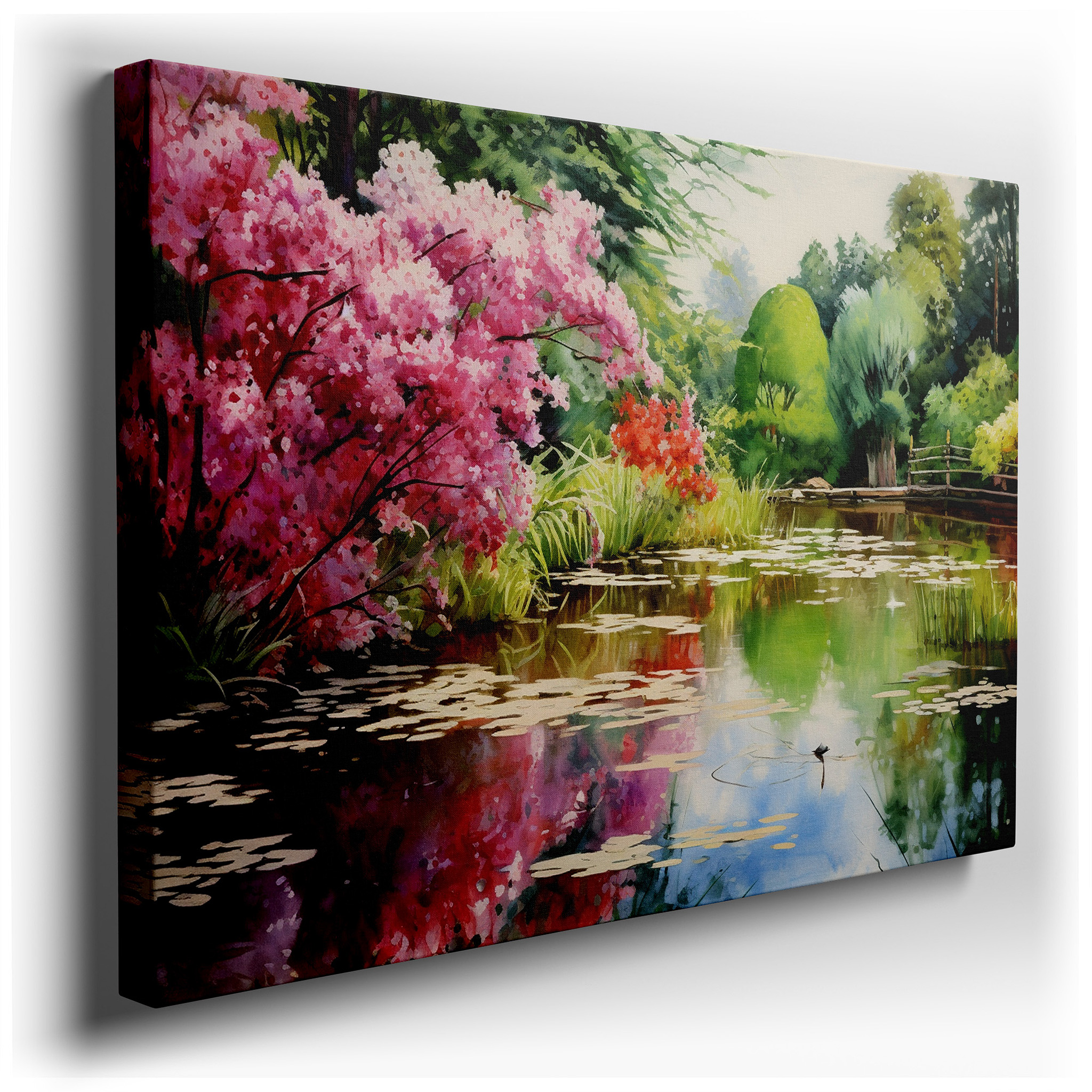 Serene Garden Pond Canvas Wall Art Featuring Lush Greenery and Bright Pink Flowers, Ideal for Office or Bedroom Decor
