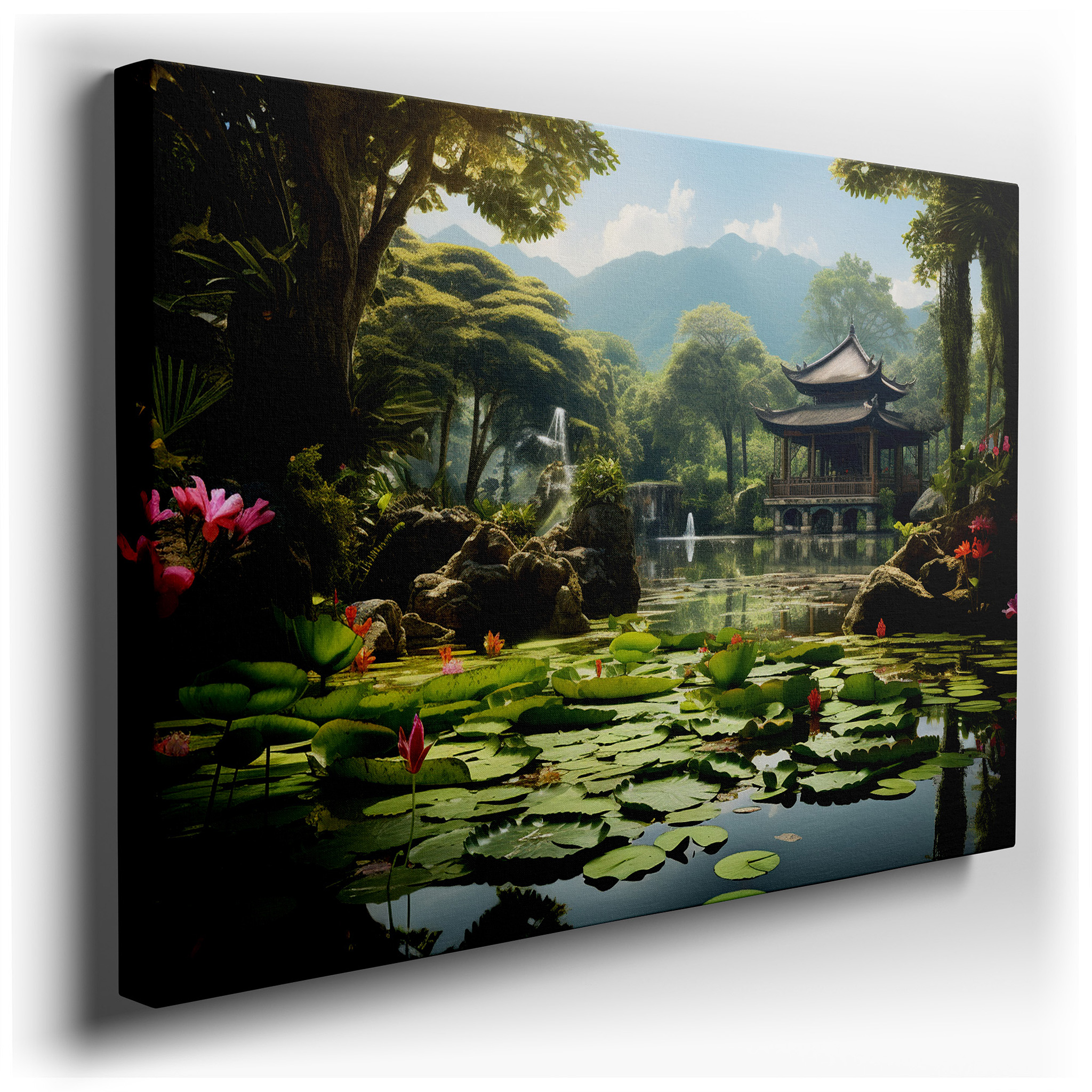 Serene Garden Retreat Featuring a Reflective Pond and Classic Pavilion: Large Wall Art, Canvas Wall Art, Wall Decor for