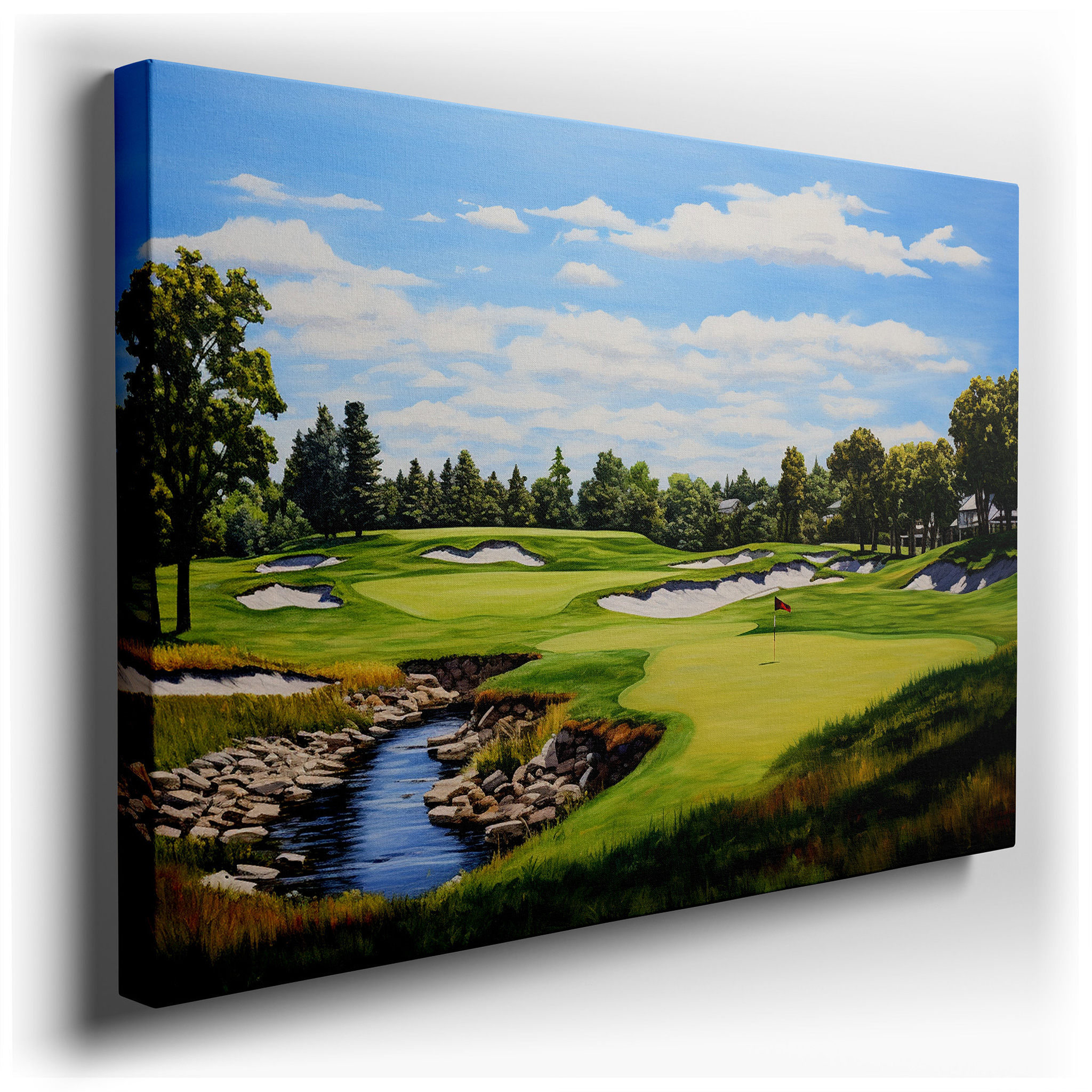 Serene Golf Course Oasis Wall Art Featuring Lush Greens and Calm Blue Skies, Perfect for Office, Bedroom, and Living