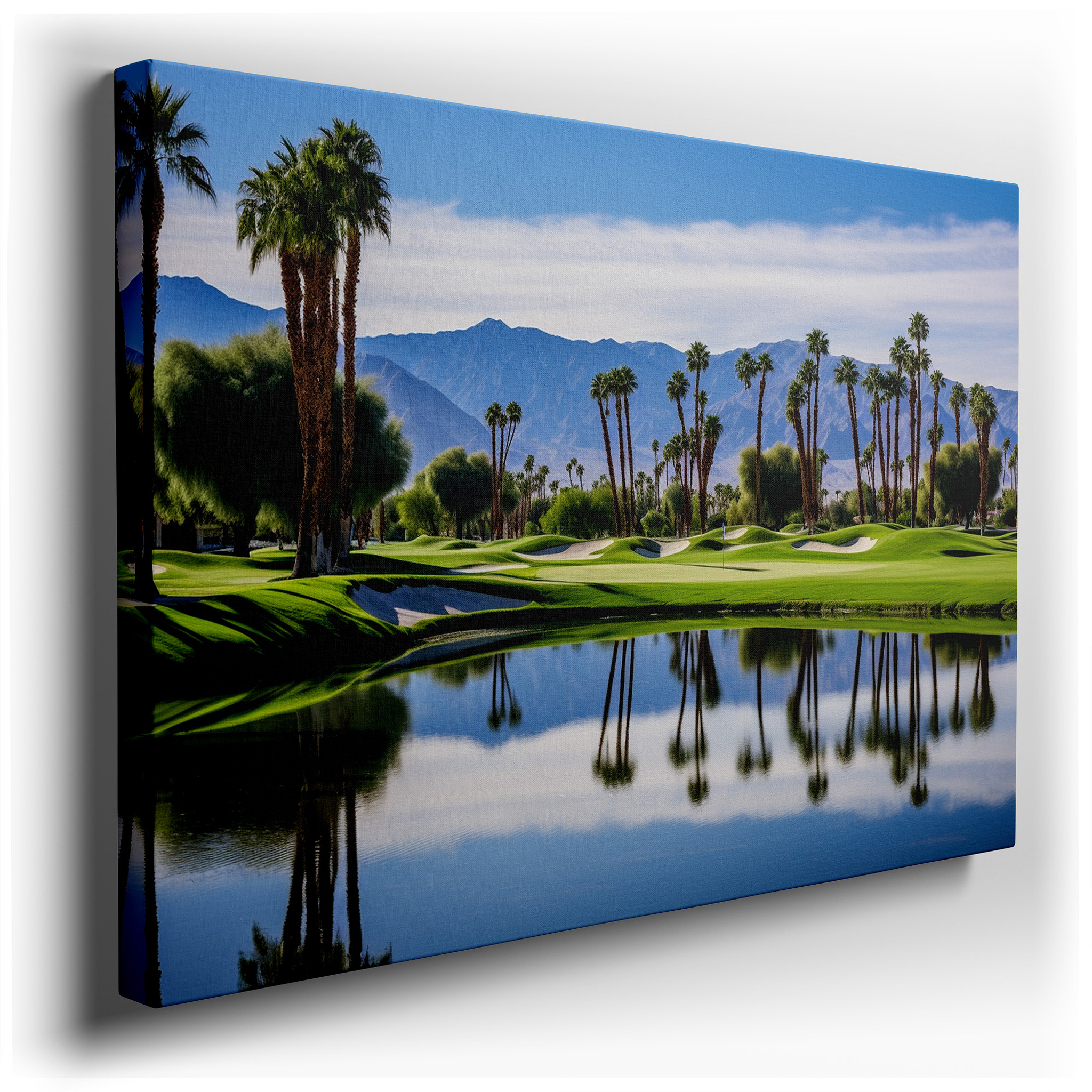 Serene Golf Course Oasis Wall Art Featuring Lush Greens, Tranquil Lake, and Majestic Mountains - Perfect for Office or