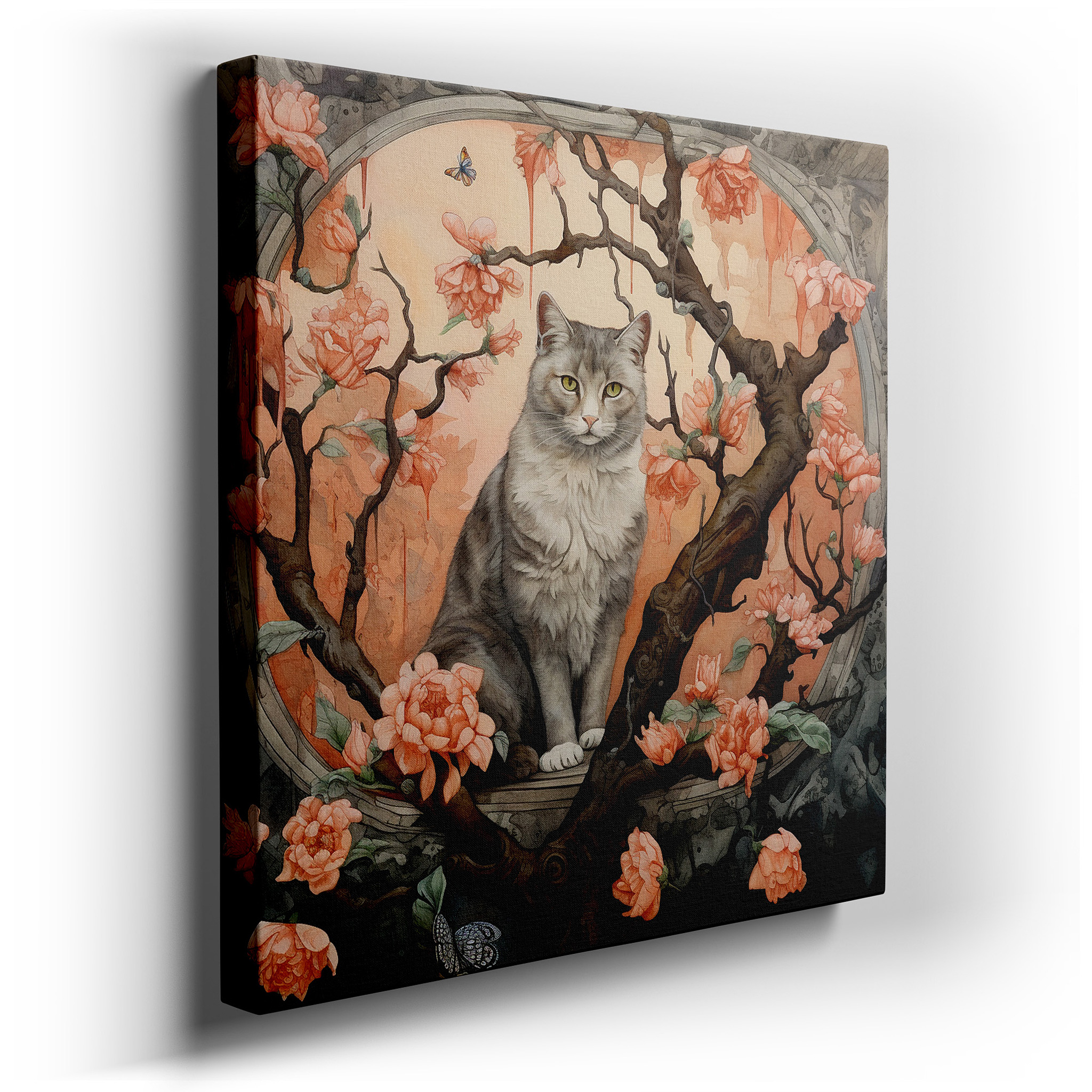 Serene Gray Cat Among Blooming Flowers, Tranquil Nature Scene Large Wall Art, Canvas Wall Art, Wall Decor for Office