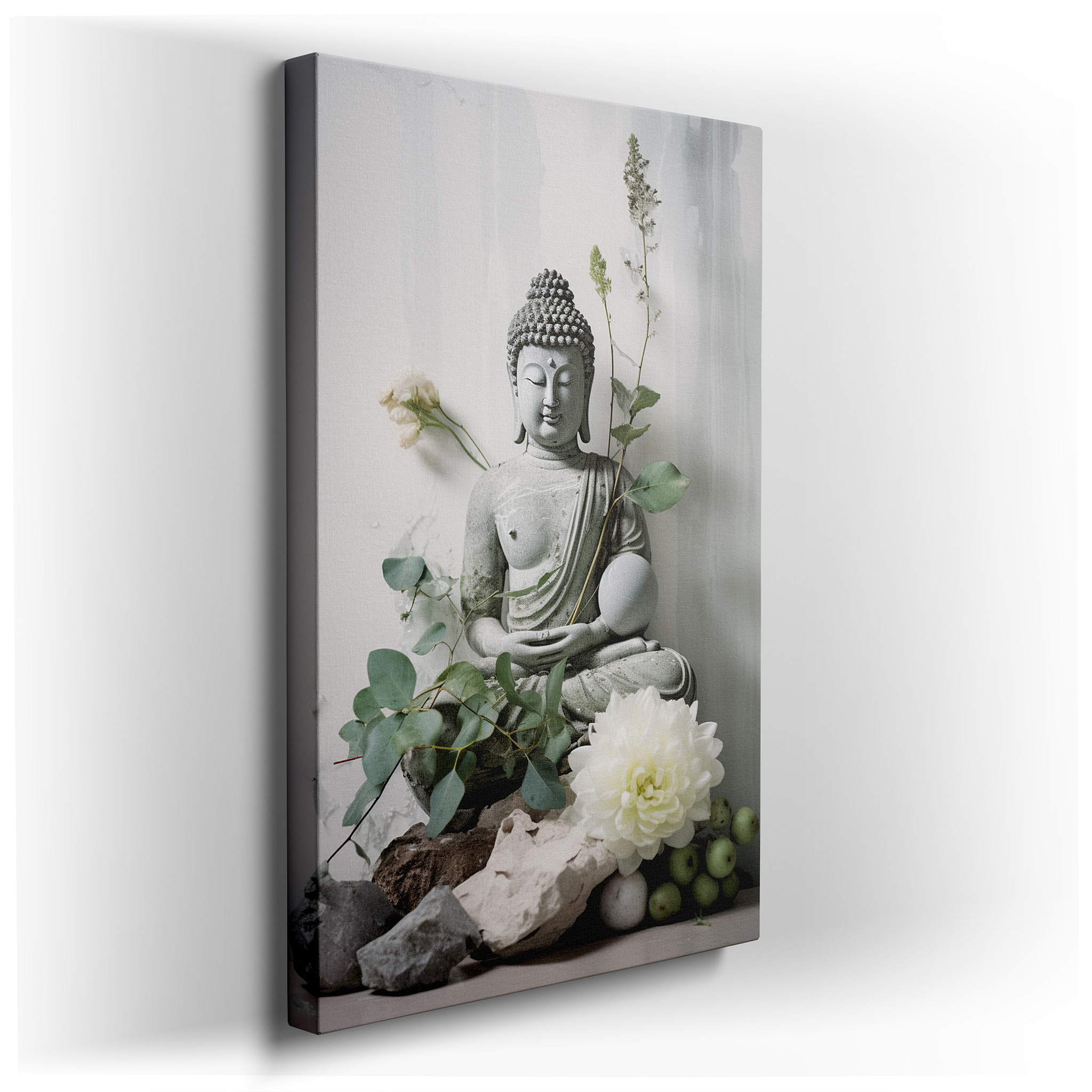 Serene Green Buddha Wall Art with Vibrant Florals - Large Canvas for Tranquil Spiritual Journey - Ideal for Office and