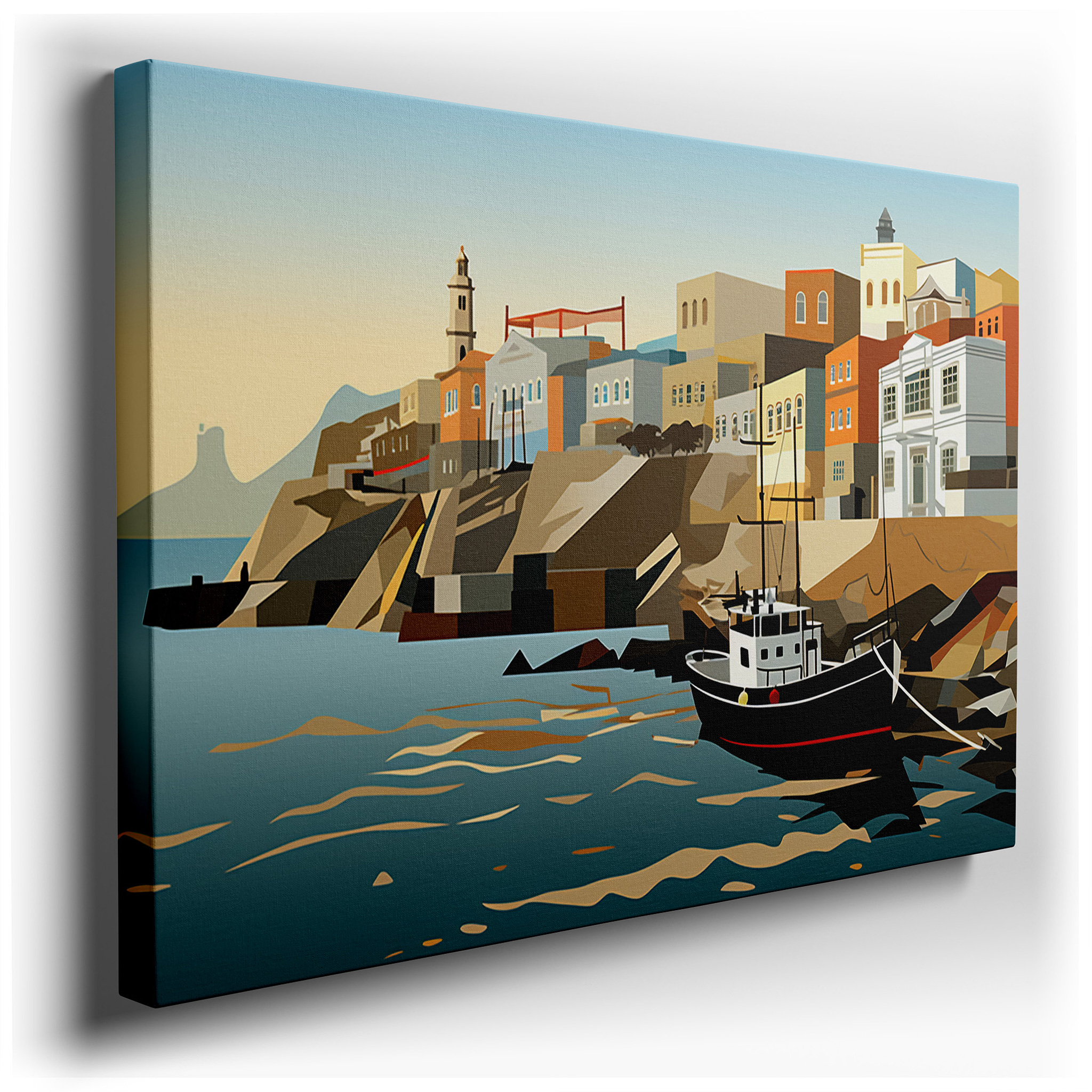 Serene Harbor Scene with Classic Boat and Vibrant Waterfront Buildings - Large Canvas Wall Art for Home and Office