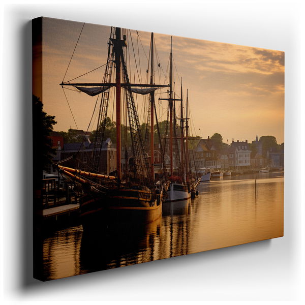 Serene Harbor Sunrise - Tranquil Waters and Sailing Ships - Canvas Wall Art
