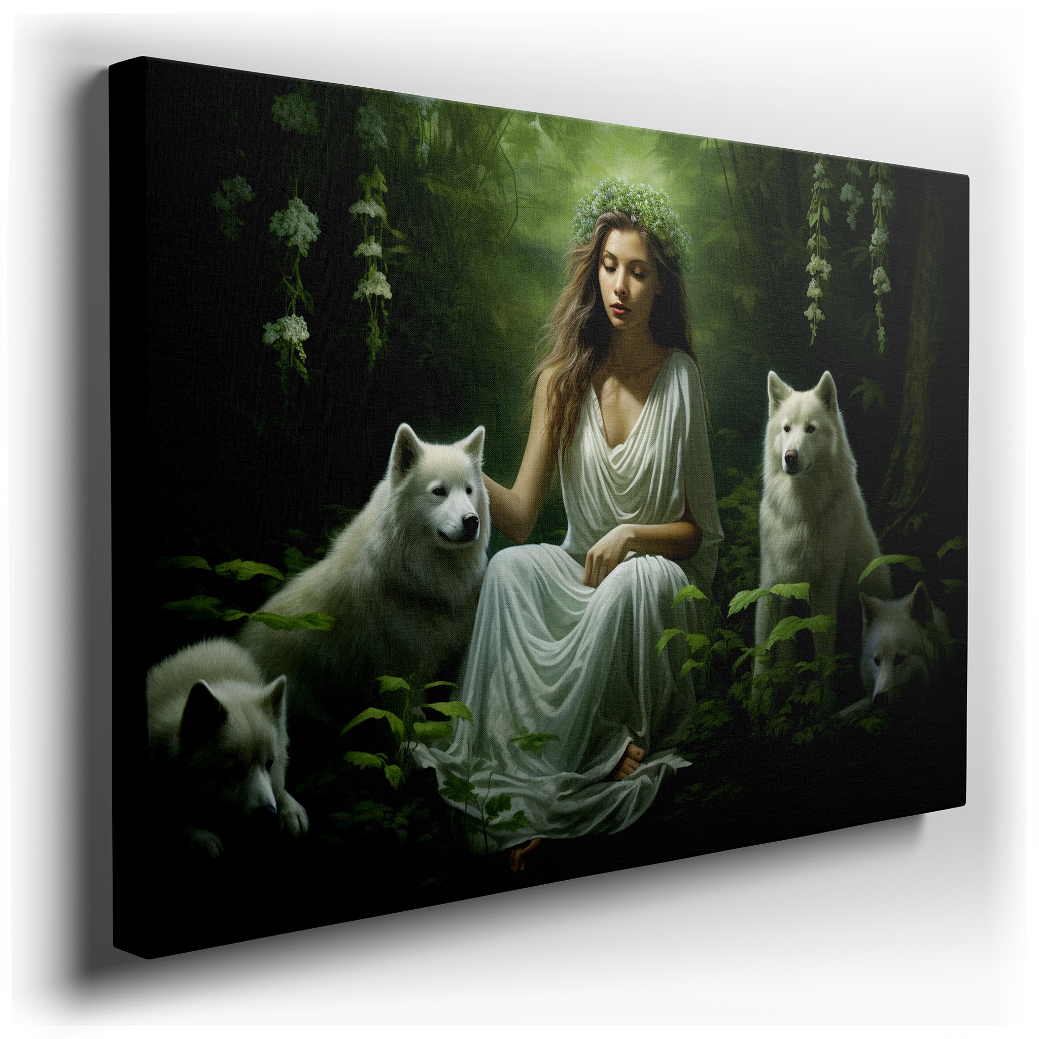 Serene Harmony Wall Art: Woman and White Wolves in Enchanted Forest - Large Canvas Art for Office and Bedroom Decor