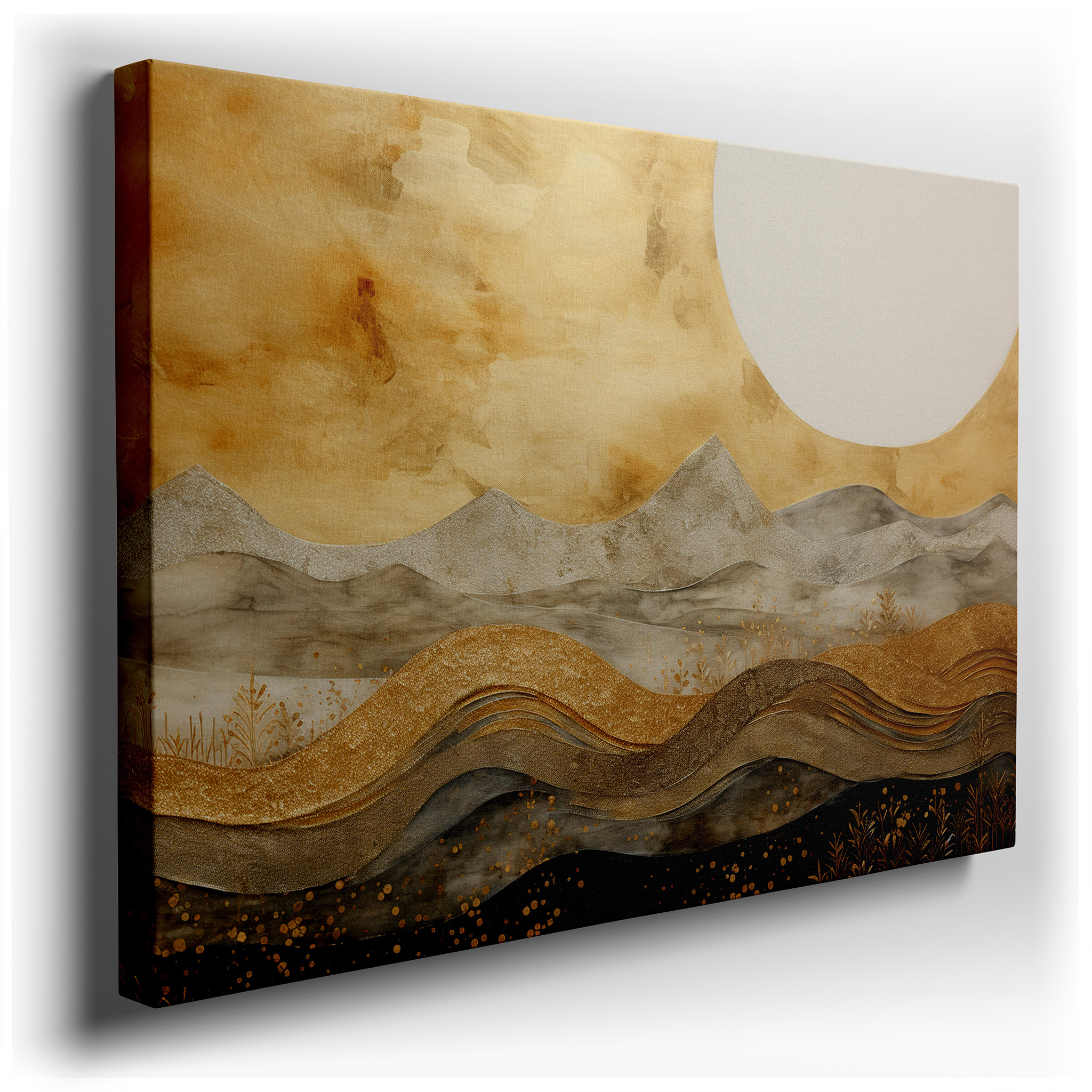 Serene Hills and Valleys in Warm Gold Tones, Tranquil Abstract Landscape Large Wall Art, Canvas Wall Art, Wall Decor