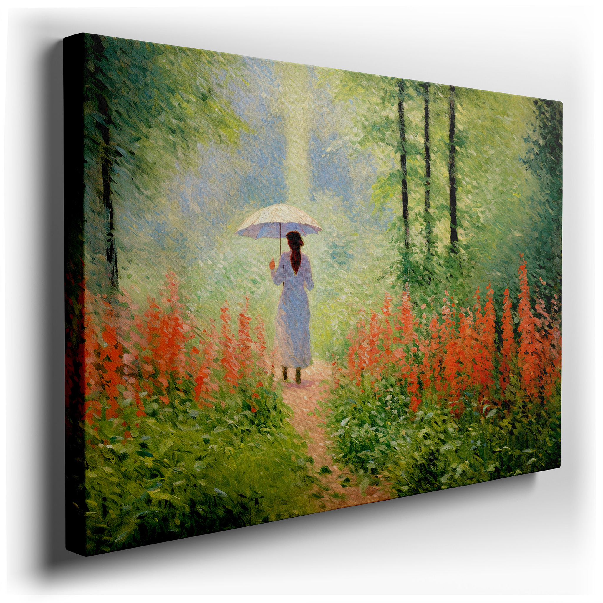 Serene Impressionist Artwork Featuring a Lone Woman on a Floral Path - Large Canvas Wall Art for Home and Office Decor
