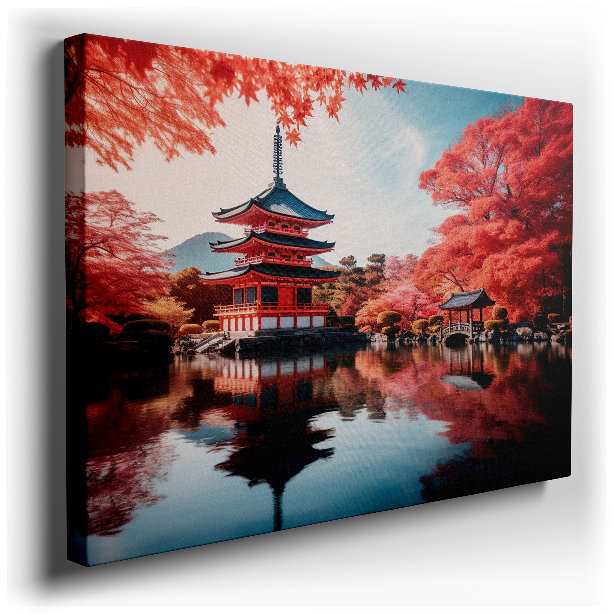 Serene Japanese Pagoda Surrounded by Autumn Leaves, Peaceful Reflections on Calm Water Large Wall Art, Canvas Wall Art,
