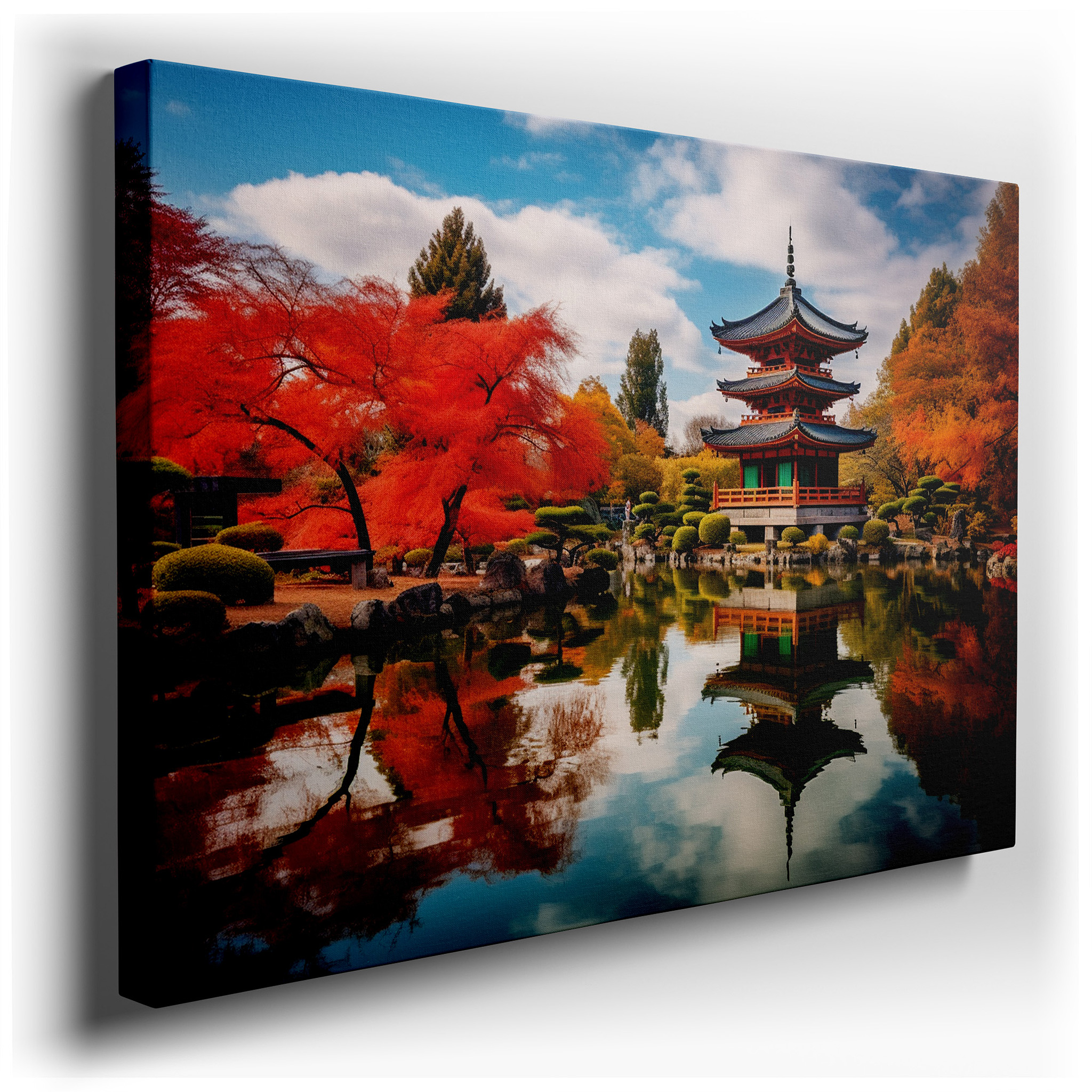 Serene Japanese Scenery with Fall Reflections and Classic Architecture - Large Canvas Wall Art for Home and Office