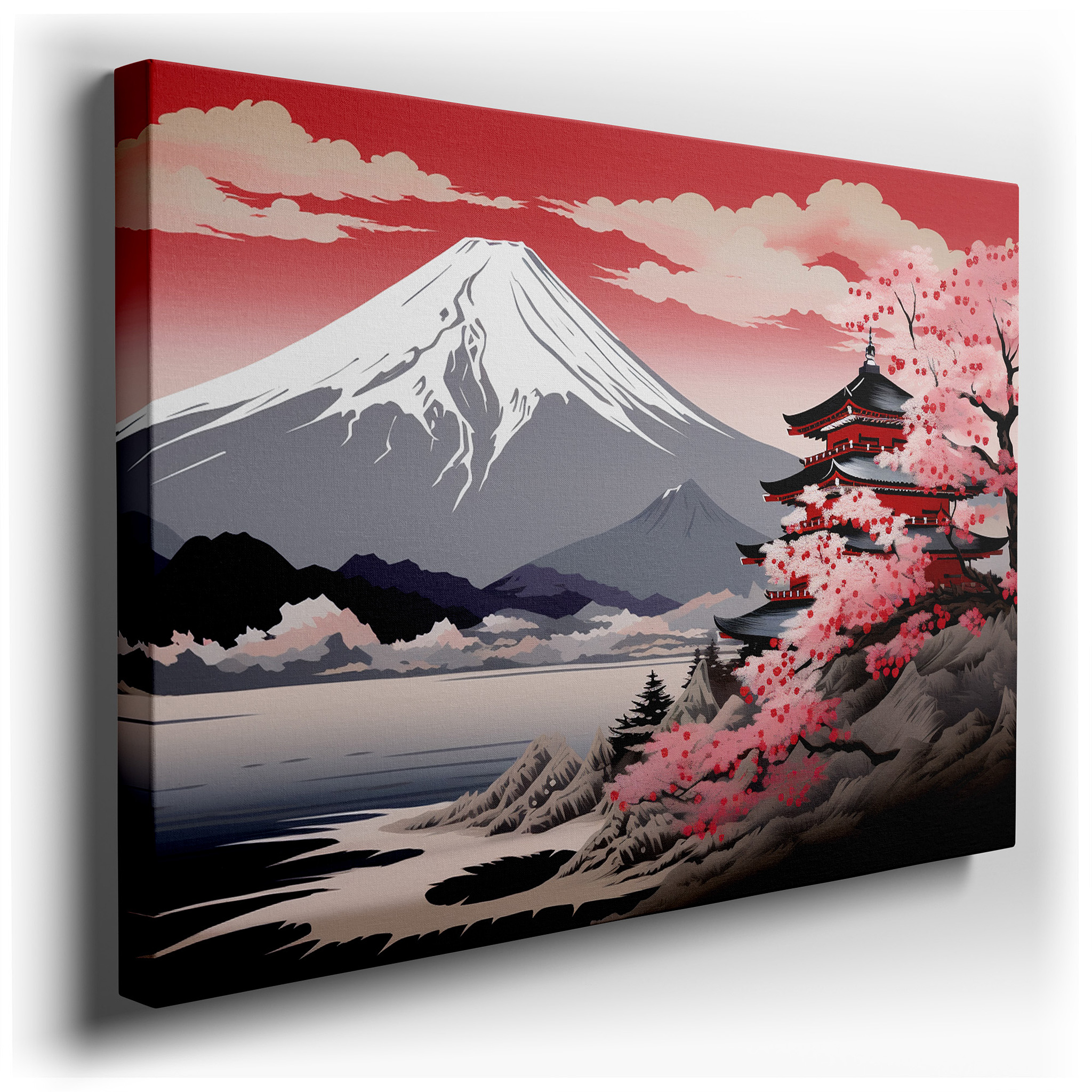 Serene Japanese Temple with Sakura and Mount Fuji Large Canvas Wall Art, Tranquil Cultural Tapestry for Office Decor