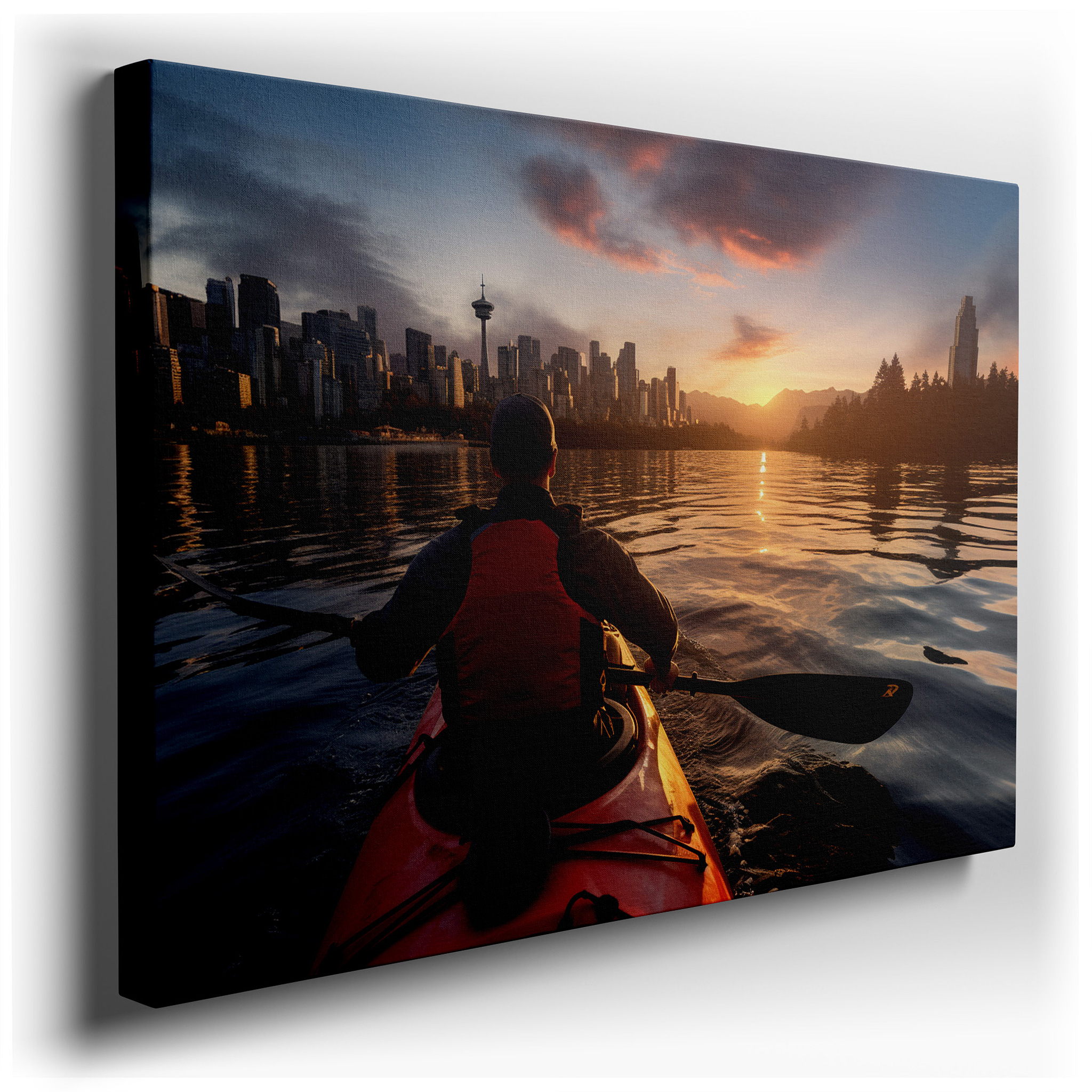 Serene Kayaker at Sunset Amid Urban Splendor - Large Canvas Wall Art for Office, Bedroom, and Living Room Decor wrapped