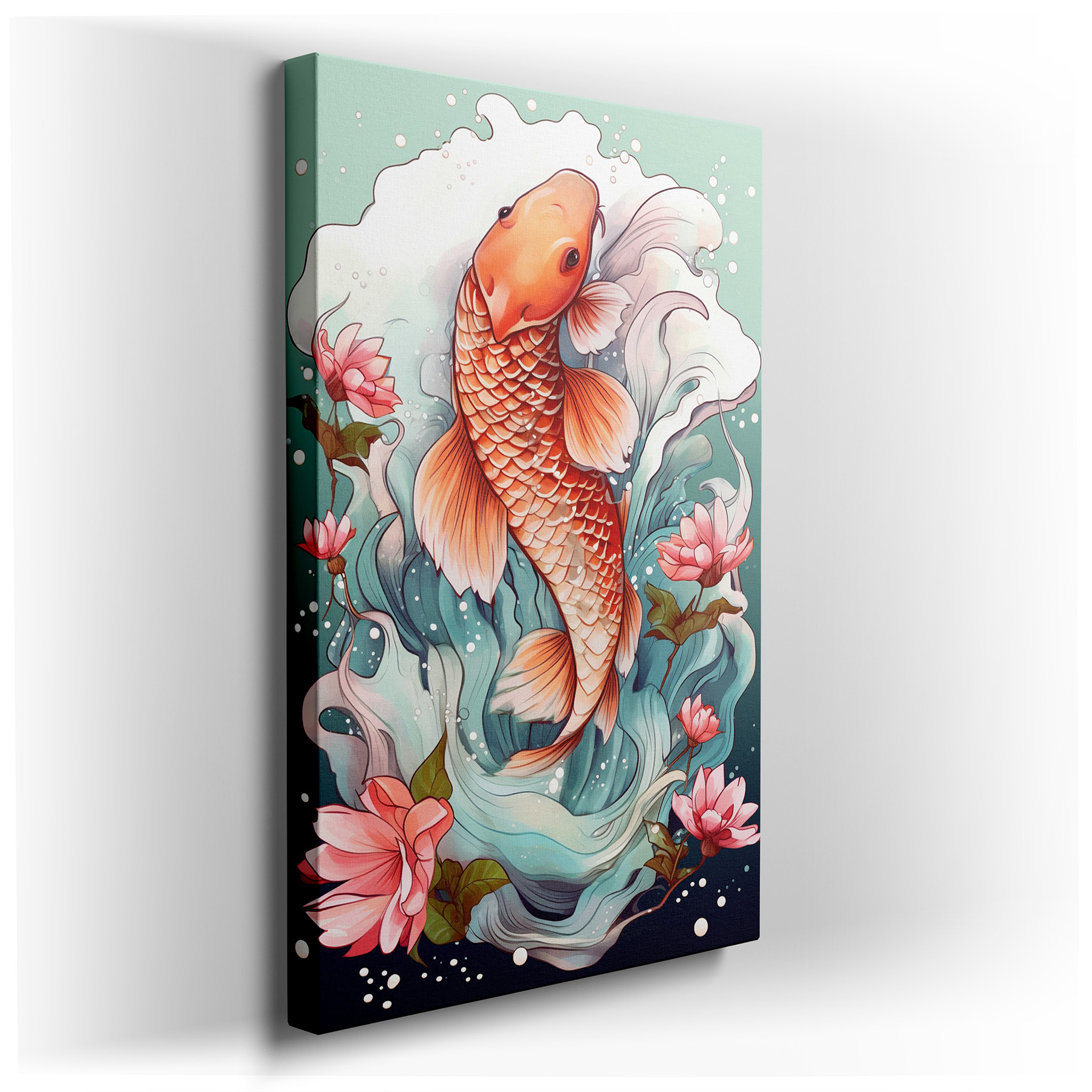 Serene Koi Fish with Swirling Waters and Delicate Blossoms Large Canvas Wall Art for Office and Bedroom Decor wrapped