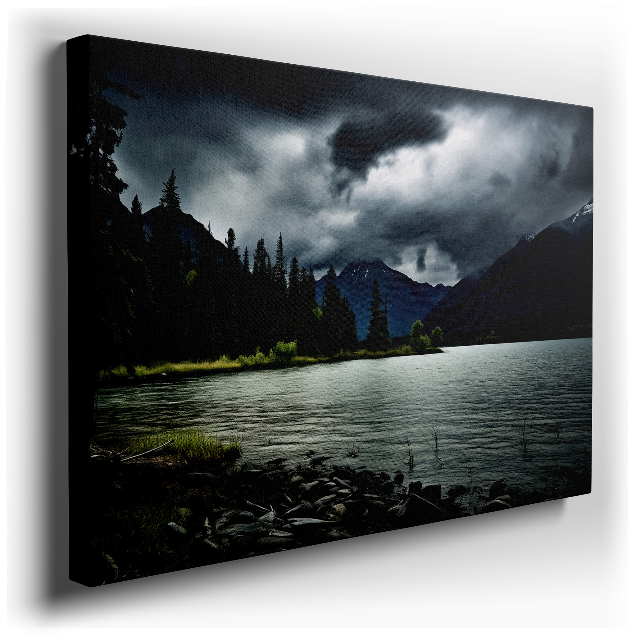 Serene Lake Against Stormy Skies, Majestic Mountains Beneath Ominous Clouds Large Wall Art, Canvas Wall Art, Wall