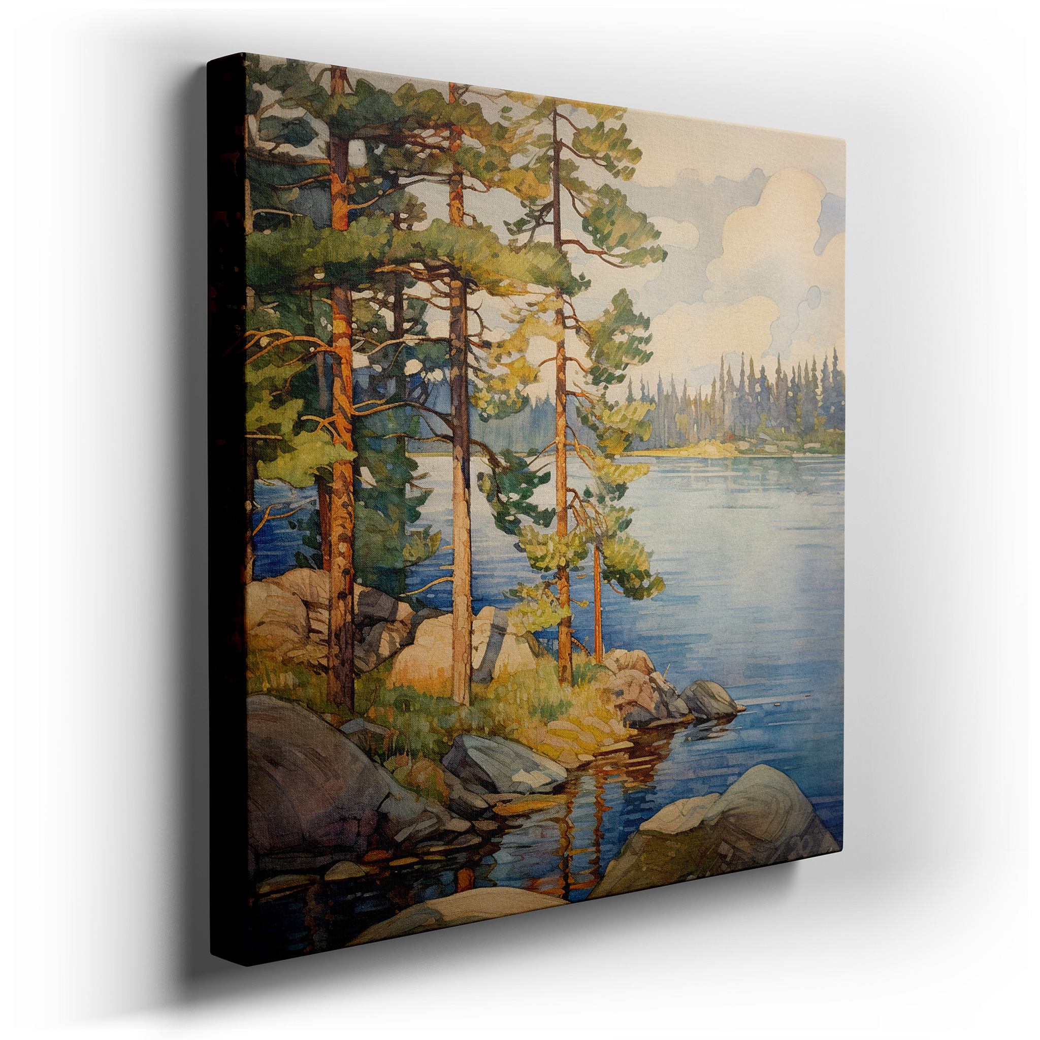 Serene Lake and Towering Pines Mirroring Mountain Peaks on Calm Waters, Large Canvas Wall Art for Office and Bedroom