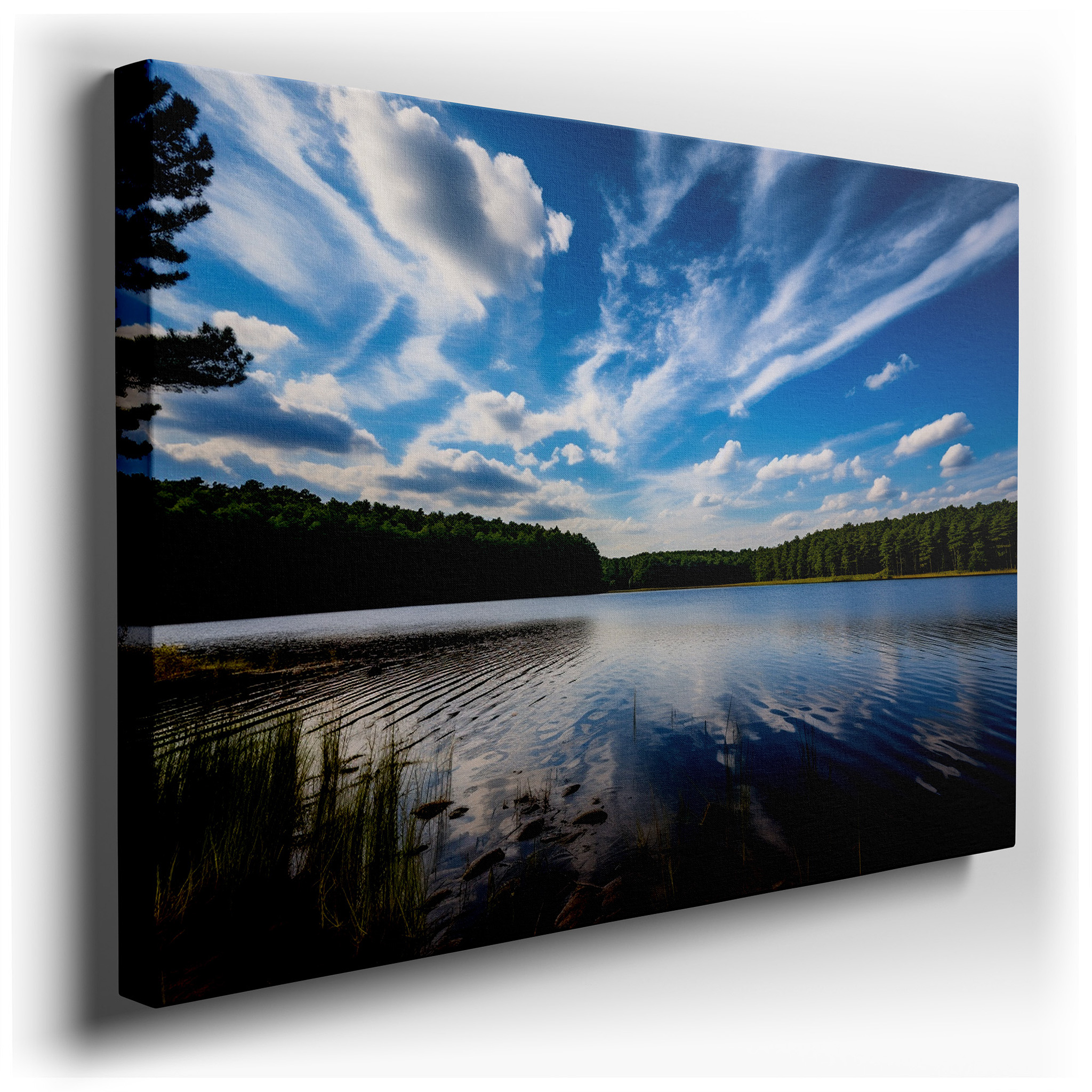 Serene Lake and Towering Pines Reflective Water Scene Large Canvas Wall Art for Office, Bedroom, and Living Room Decor