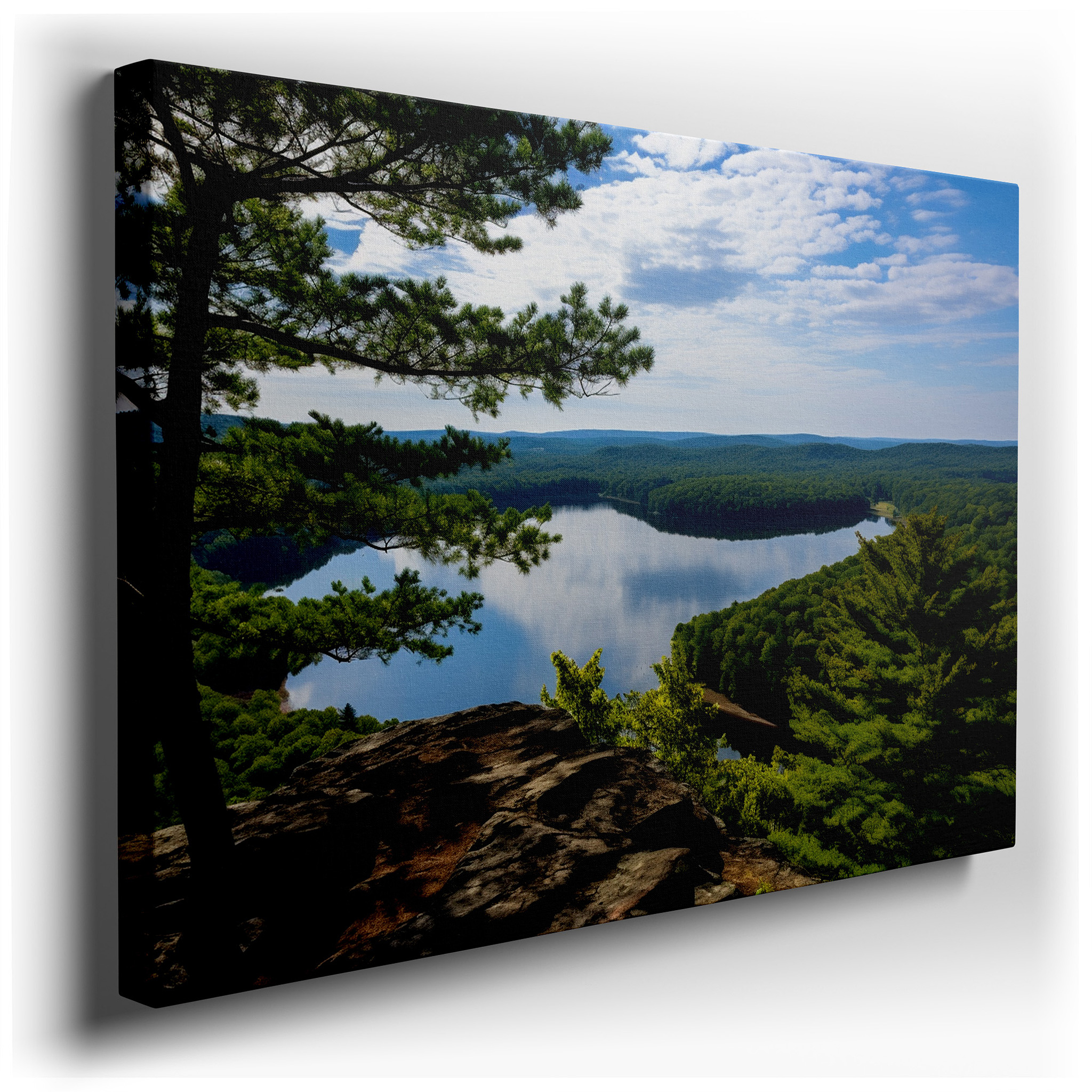 Serene Lake and Verdant Forest Reflections Under a Clear Blue Sky - Large Canvas Wall Art for Office and Bedroom Decor