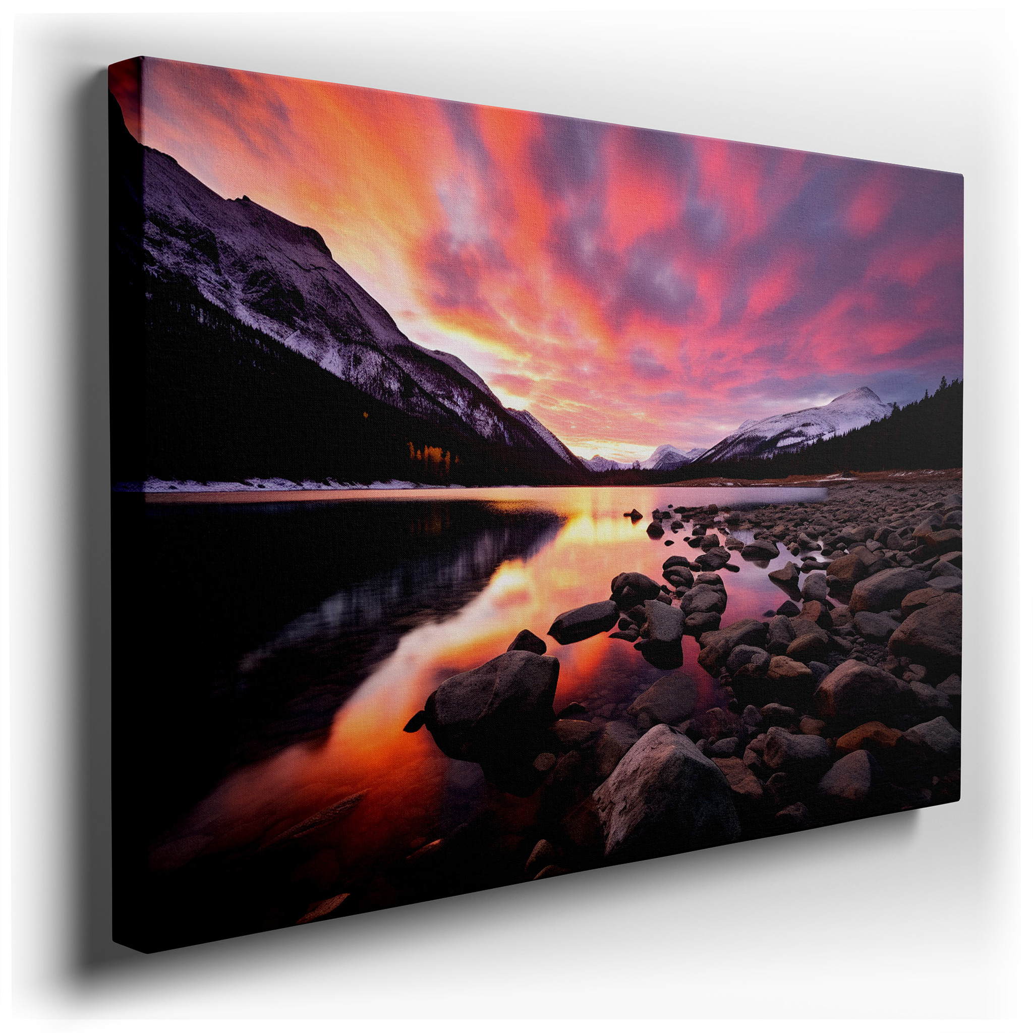 Serene Lake and Vibrant Sunset Reflections with Majestic Mountains Large Wall Art, Canvas Wall Art, Wall Decor for