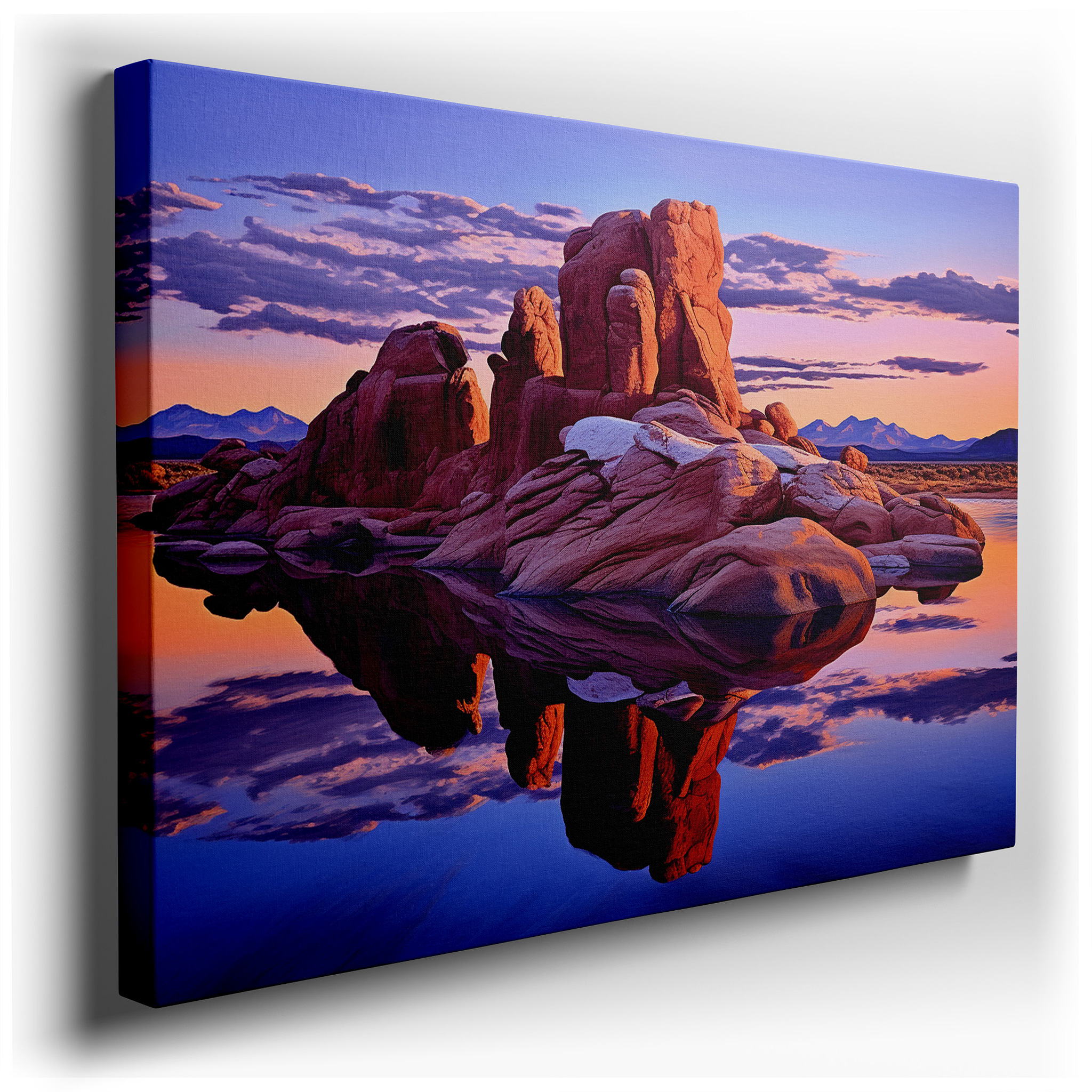 Serene Lake at Majestic Dusk with Towering Rock Formations Reflecting the Sunset's Glow - Large Canvas Wall Art for
