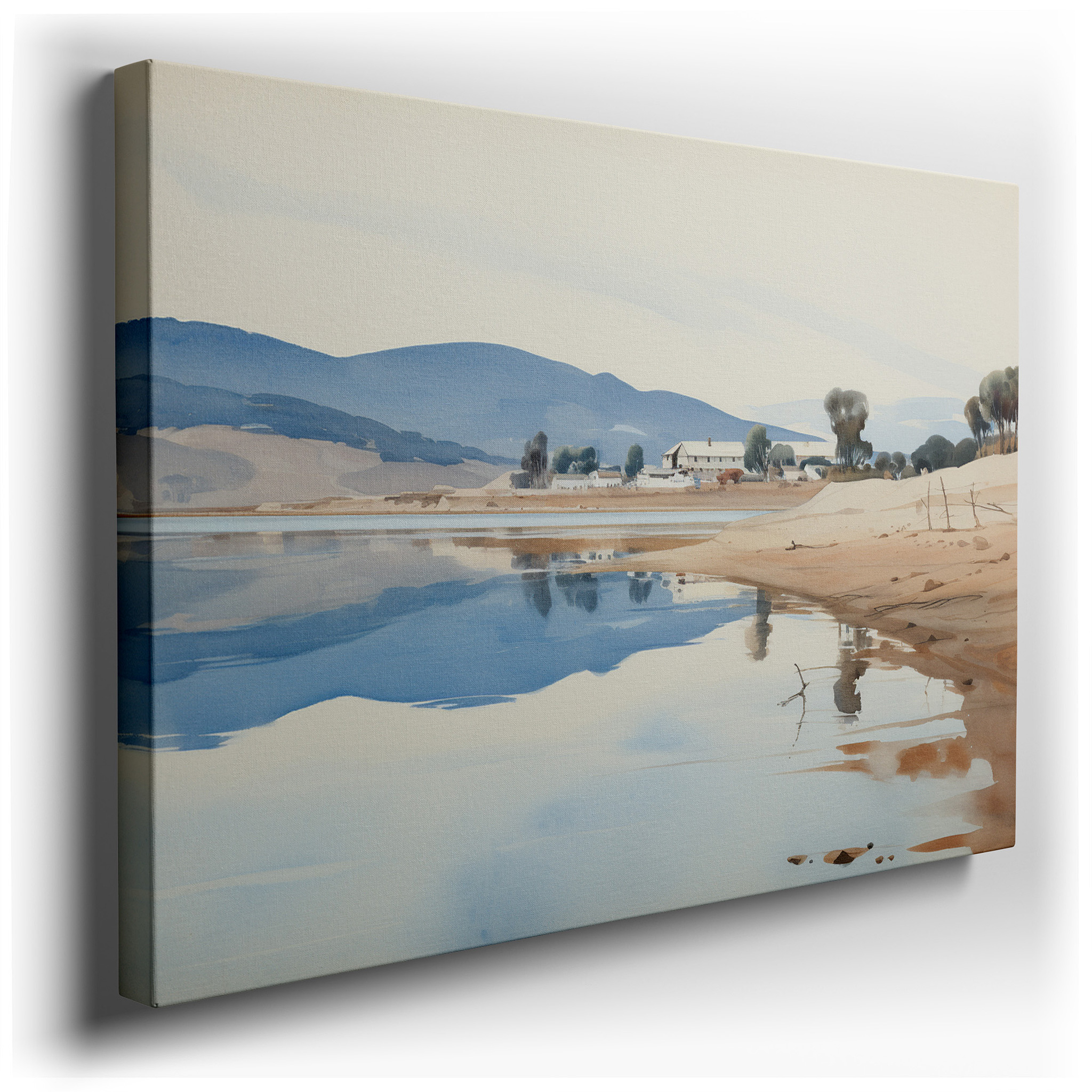 Serene Lakeside at Dawn: Ethereal Reflections of Soft Hues in Tranquil Waters - Large Canvas Wall Art for Office and