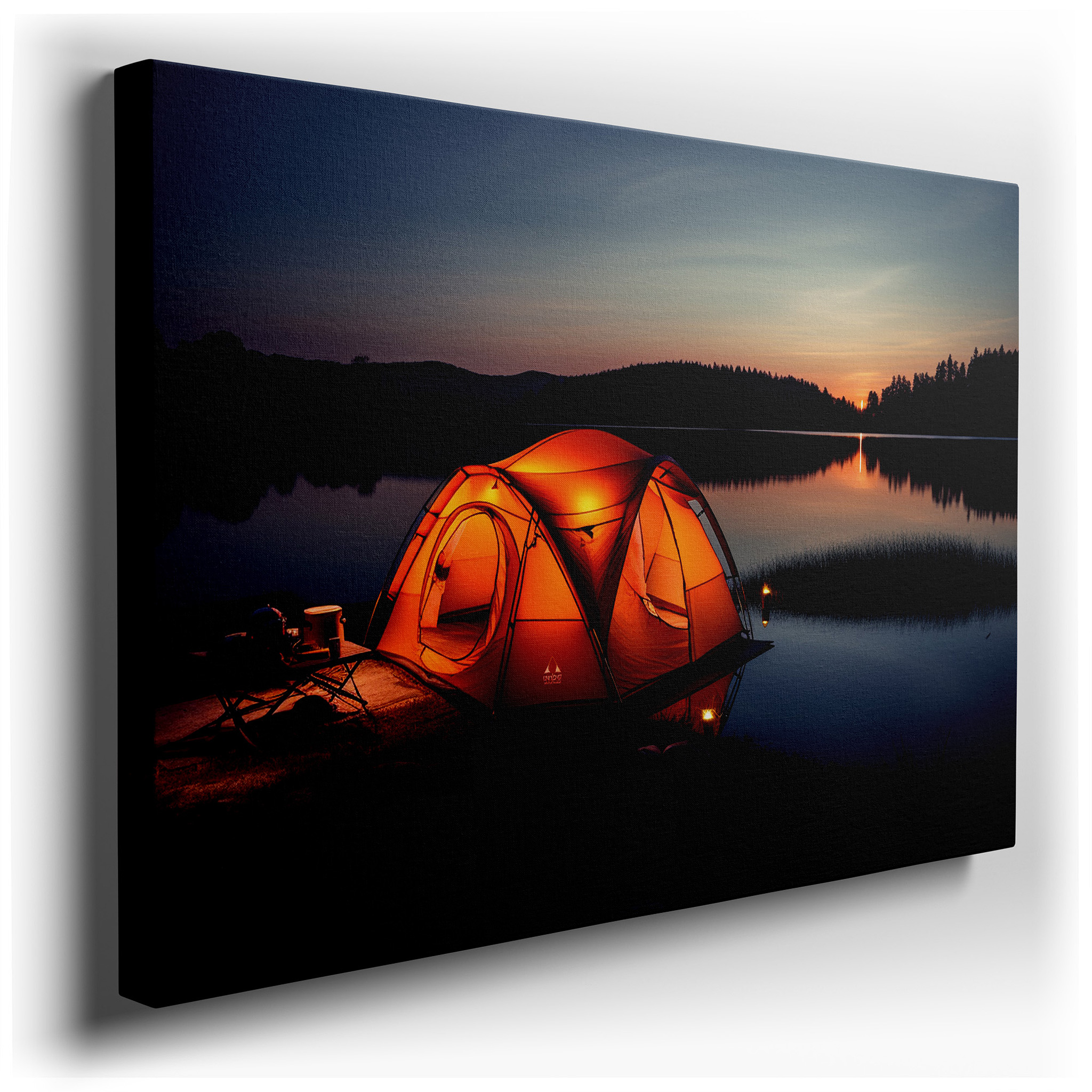 Serene Lakeside Escape Featuring a Bright Orange Tent Under Twilight Skies - Large Wall Art, Canvas Wall Art, Wall