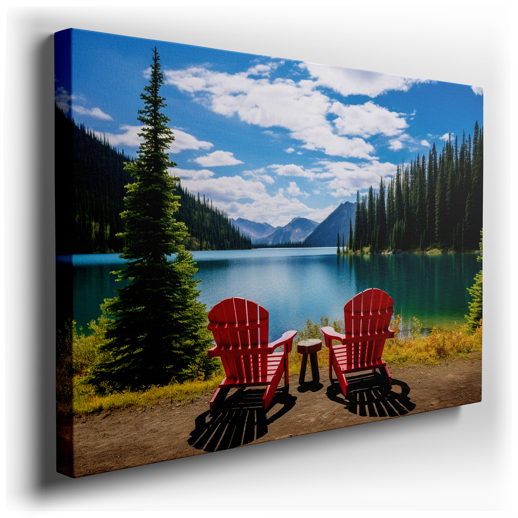 Serene Lakeside Escape Featuring Red Lounge Chairs Surrounded by Verdant Foliage: Large Wall Art, Canvas Wall Art, Wall