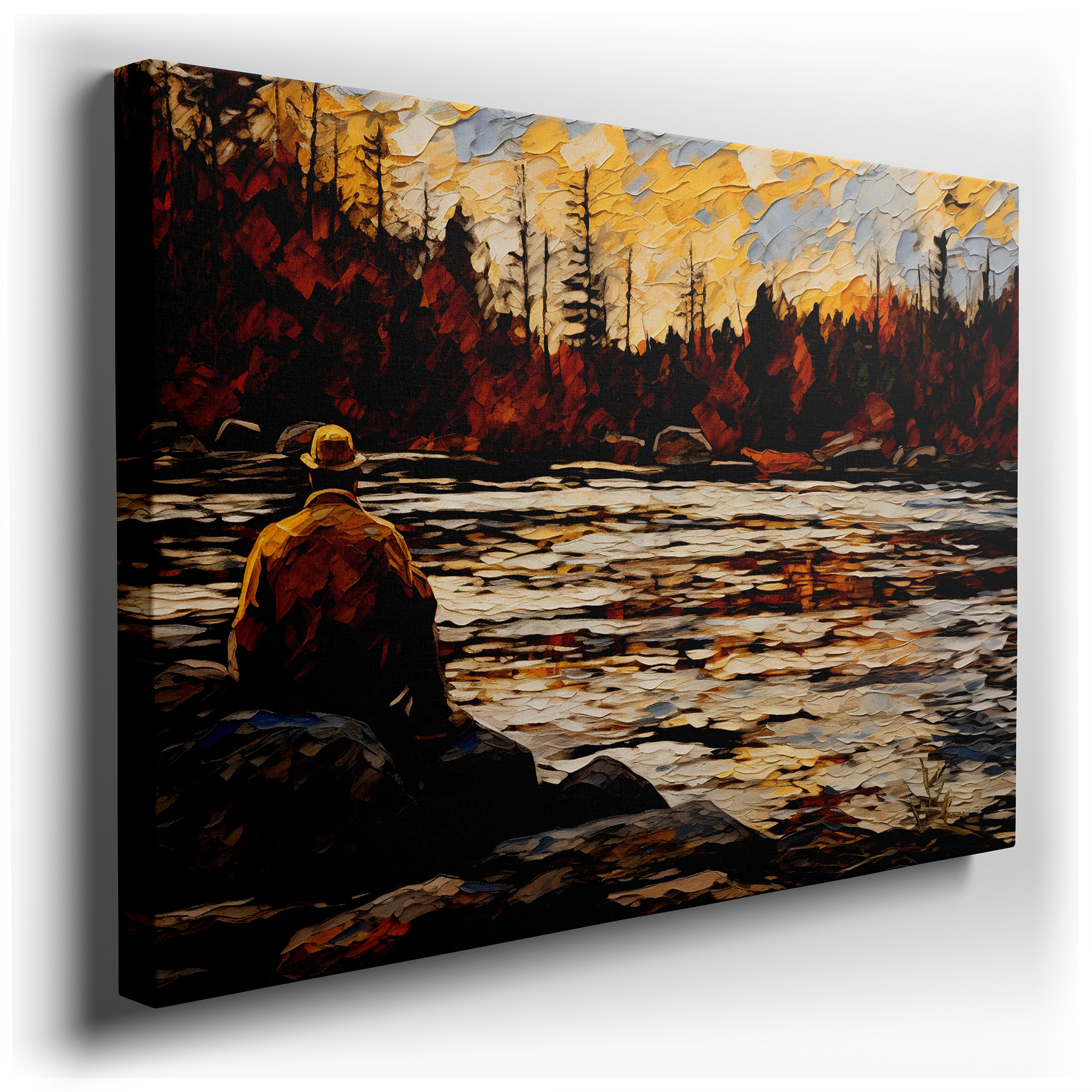 Serene Lakeside Fishing at Sunset: Tranquil Nature's Palette Reflected - Large Canvas Wall Art for Office and Bedroom