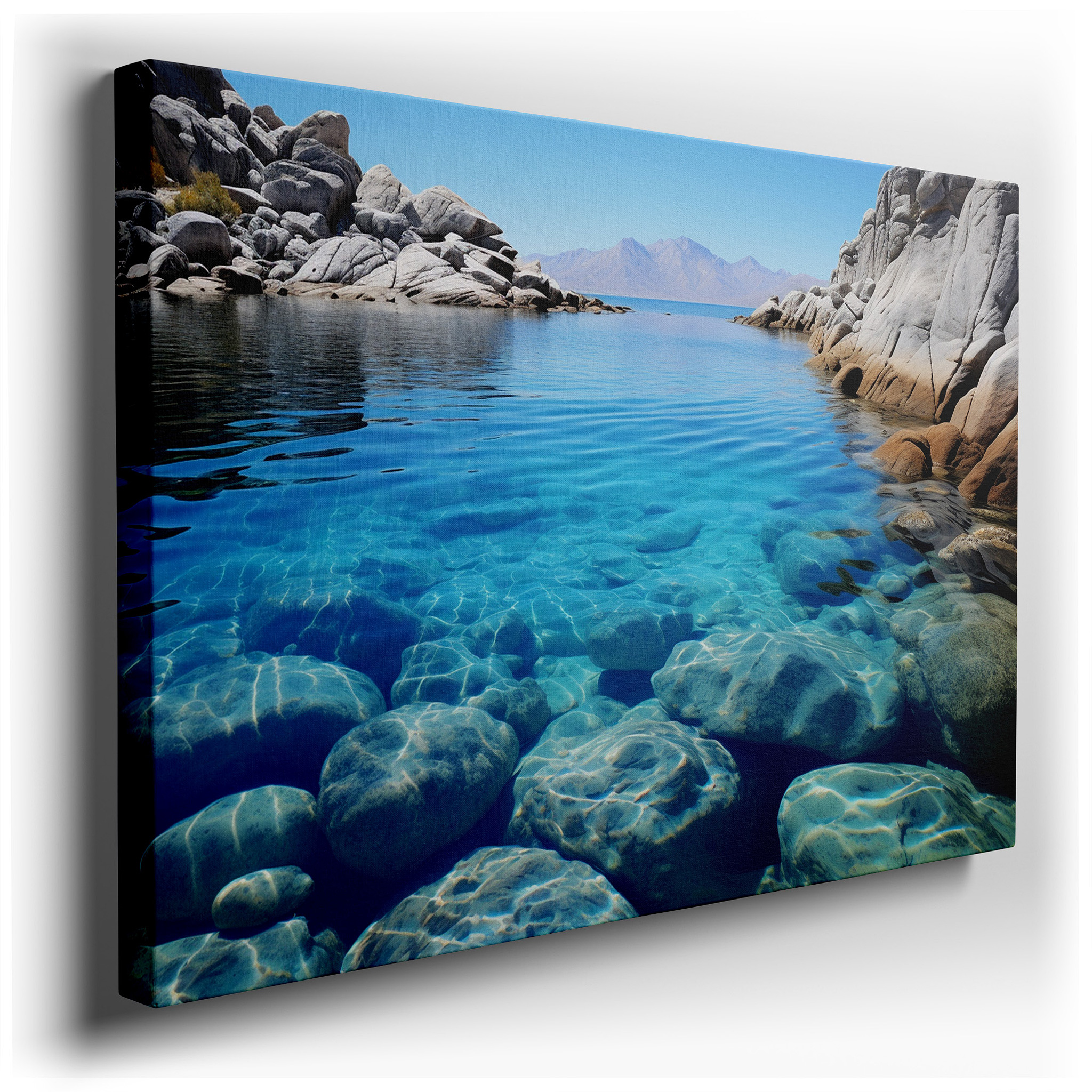 Serene Lakeside Reflections and Rugged Shores - Tranquil Nature Escape Large Wall Art, Canvas Wall Art, Wall Decor for