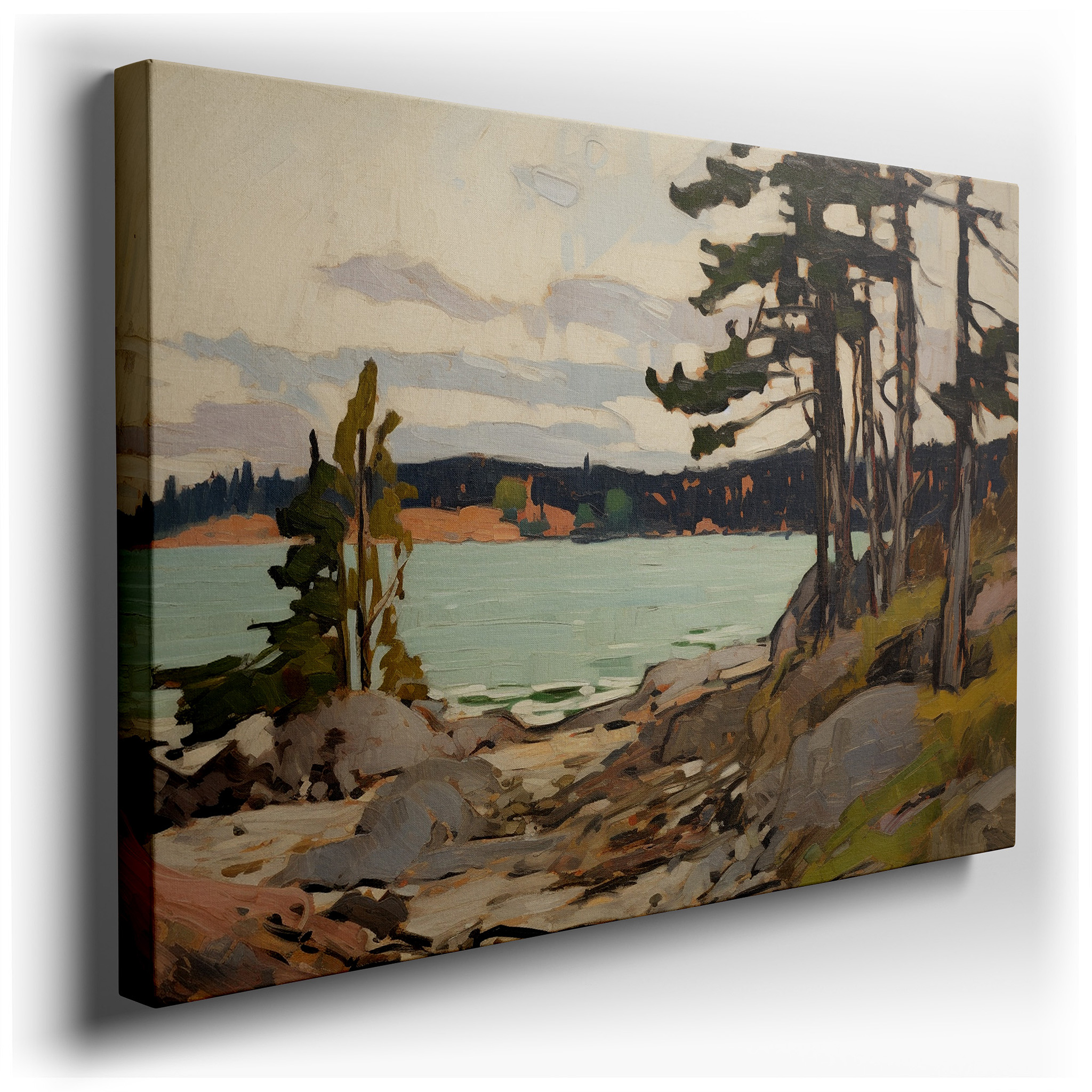 Serene Lakeside Reflections in Soft Dawn Hues, Tranquil Masterpiece for Peaceful Contemplation - Large Wall Art, Canvas