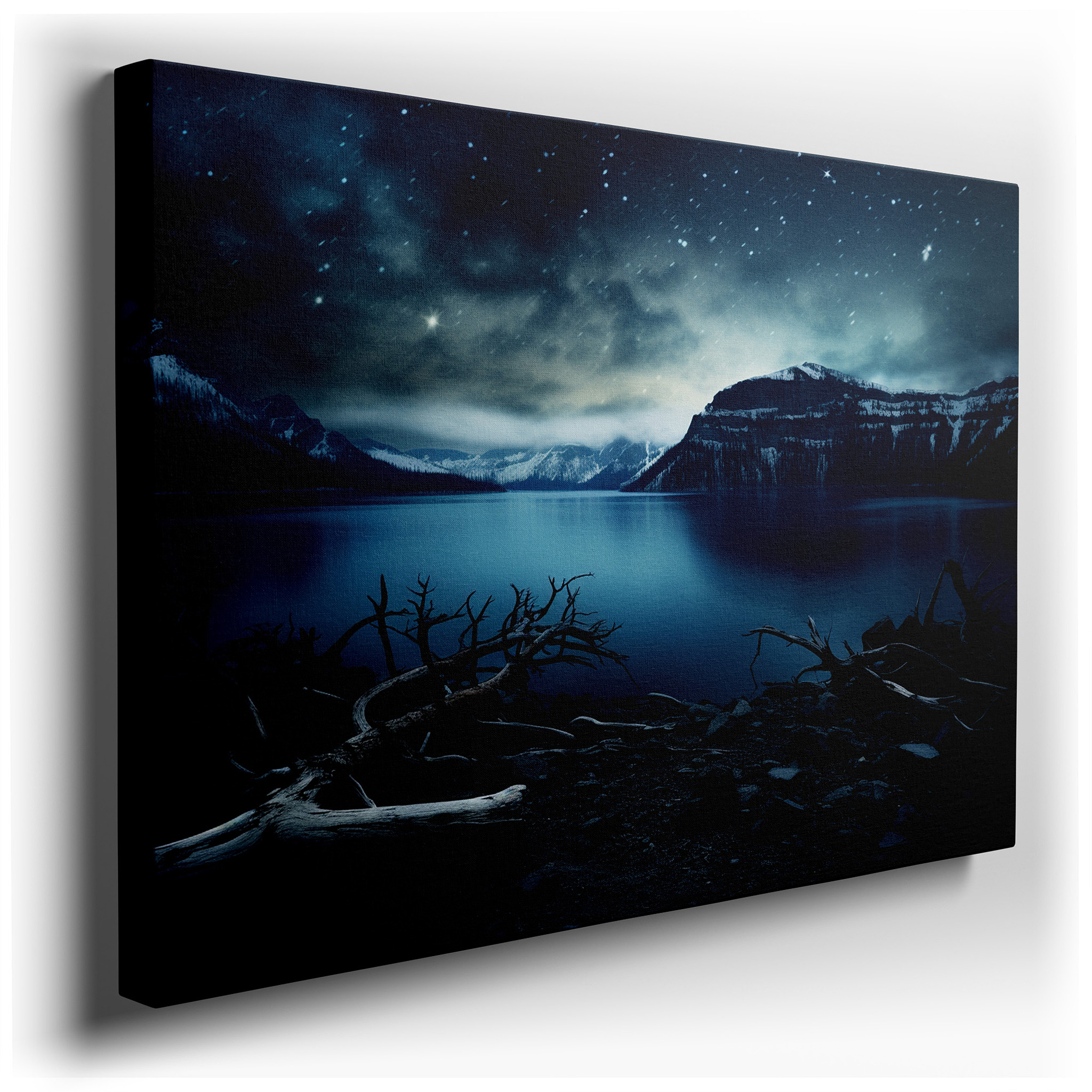Serene Lakeside Reflections: Rugged Nature and Ethereal Light - Large Canvas Wall Art for Office and Bedroom Decor