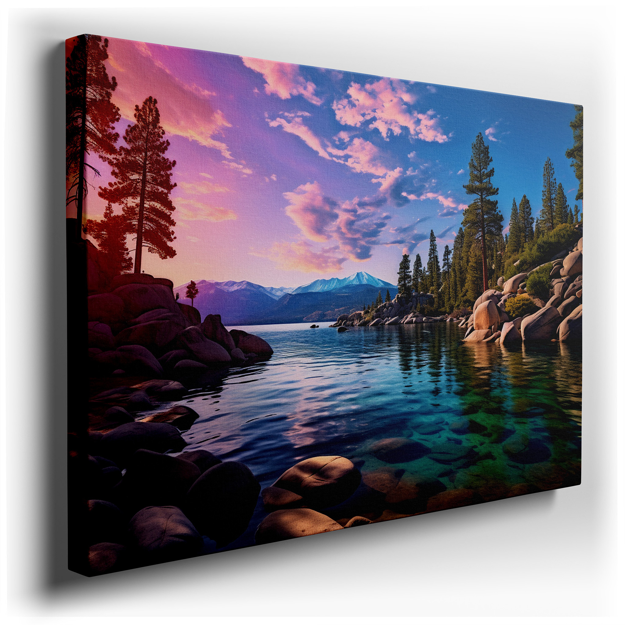 Serene Lakeside Sunset: A Tranquil Reflection of Nature's Fiery Palette - Large Canvas Wall Art for Home and Office