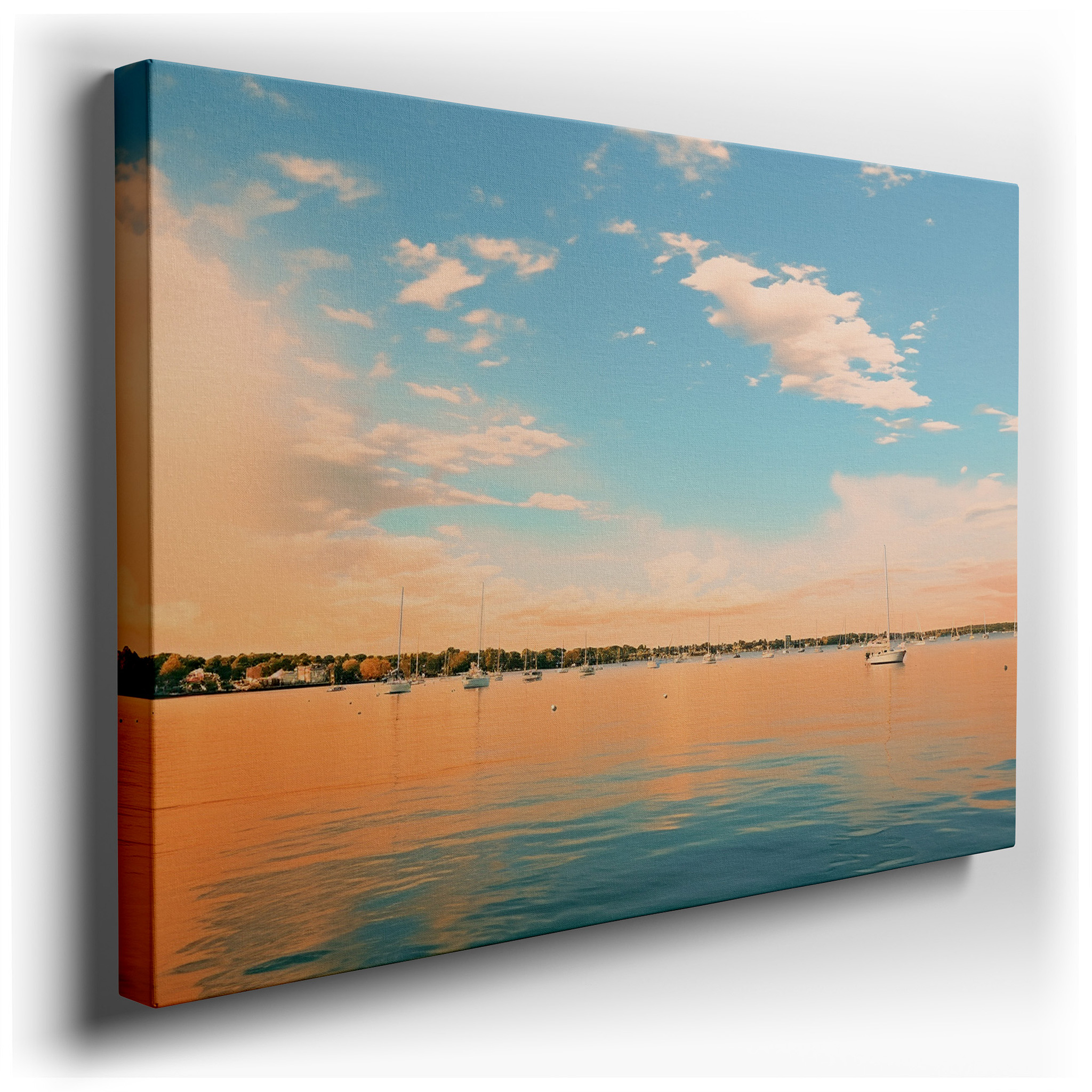 Serene Lakeside Sunset Featuring Boats and Reflective Waters - Large Canvas Wall Art for Office and Bedroom Decor