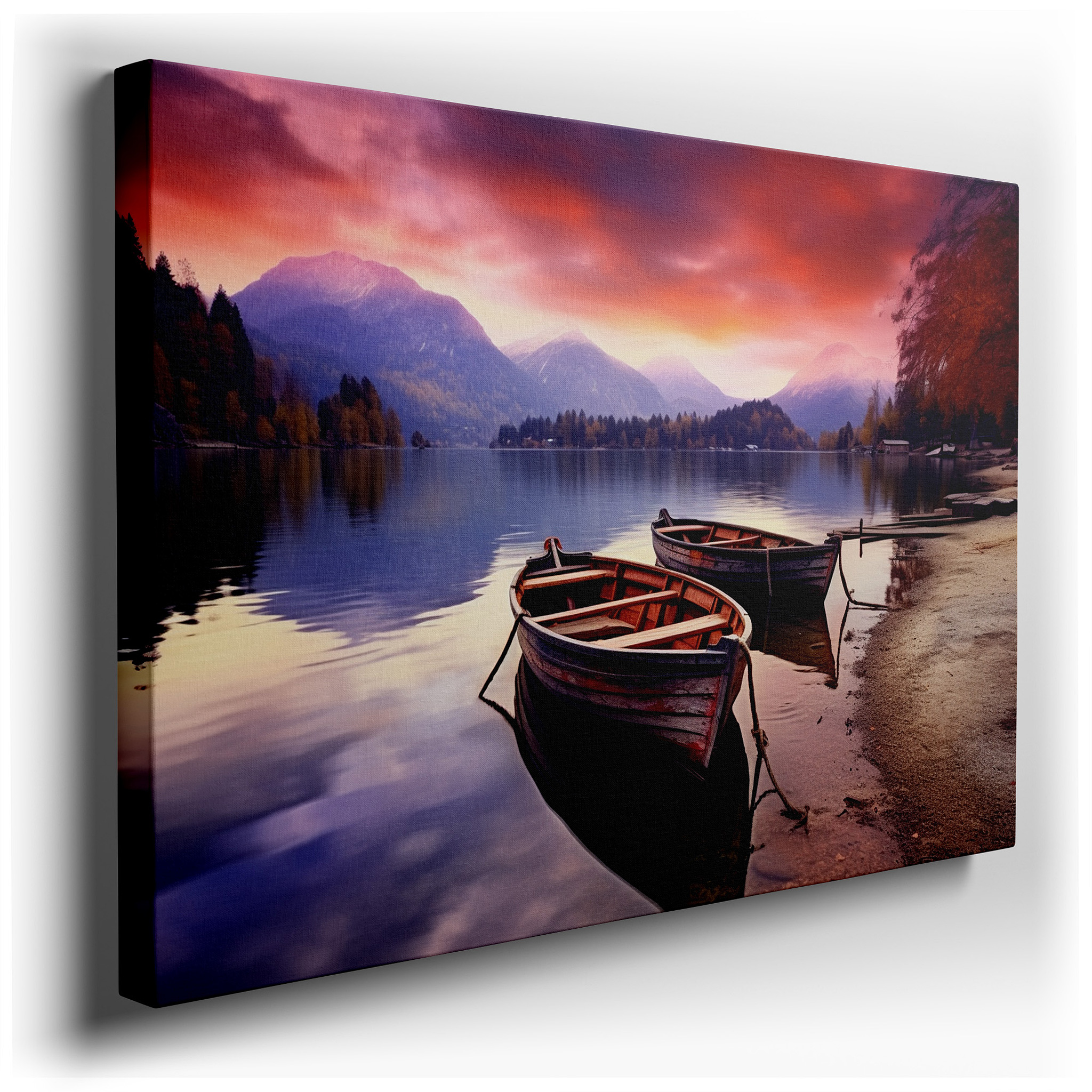 Serene Lakeside Sunset Featuring Rowboats and Stunning Mountain Reflections - Large Canvas Wall Art for Office and