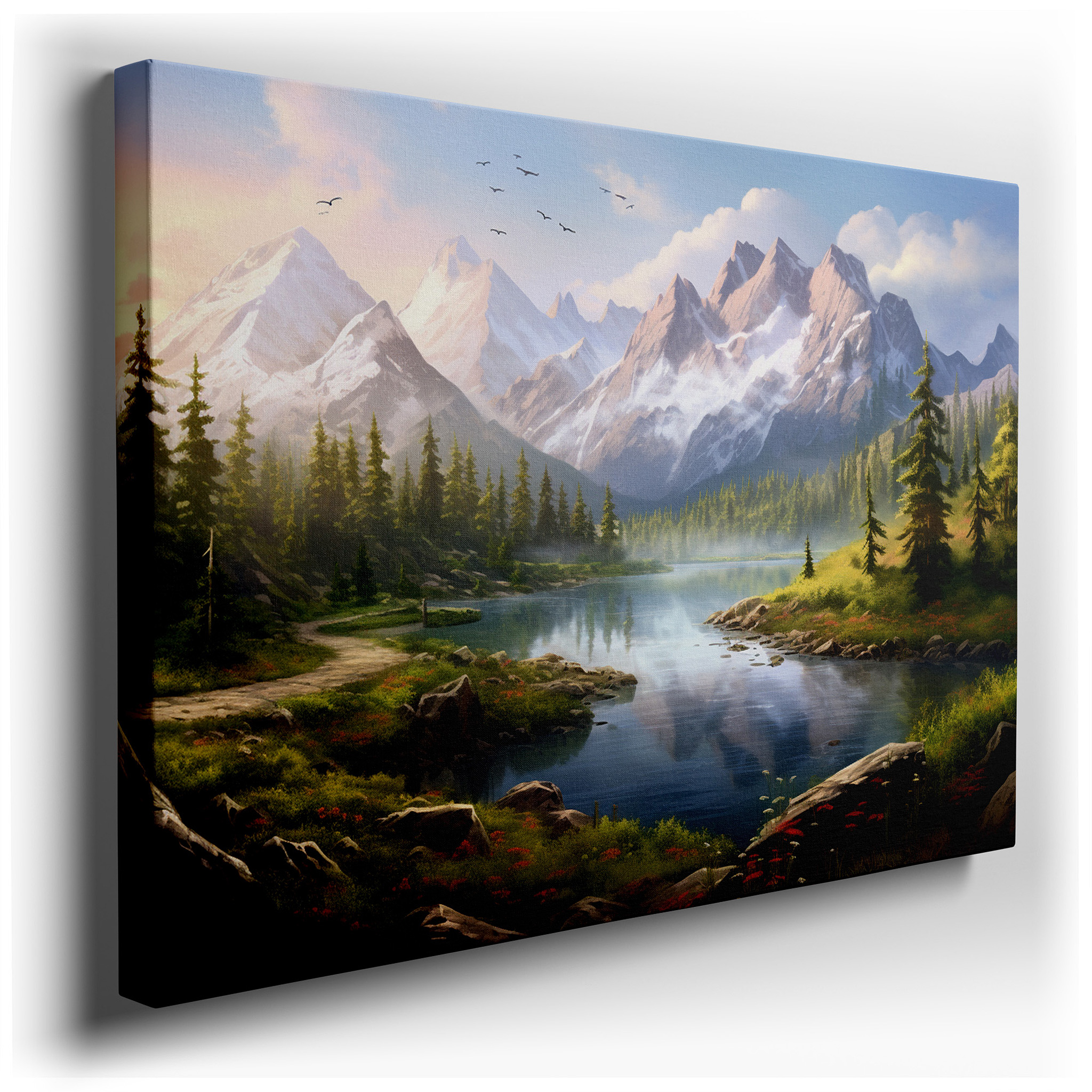 Serene Landscape with Majestic Mountains and Tranquil Lake Reflections: Large Canvas Wall Art for Office and Bedroom