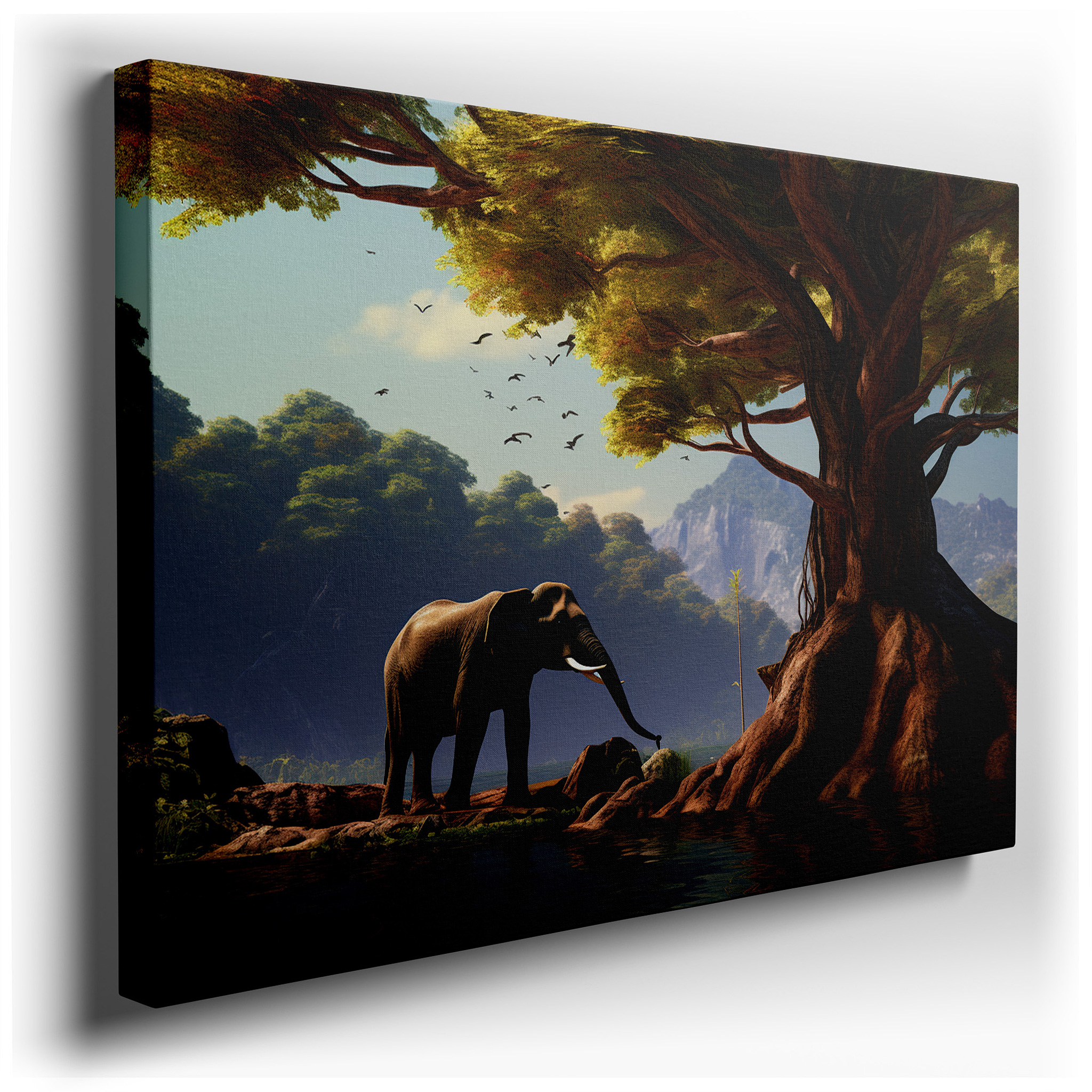 Serene Majesty of a Solitary Elephant Beside a Towering Tree in a Peaceful Nature Scene Large Wall Art, Canvas Wall