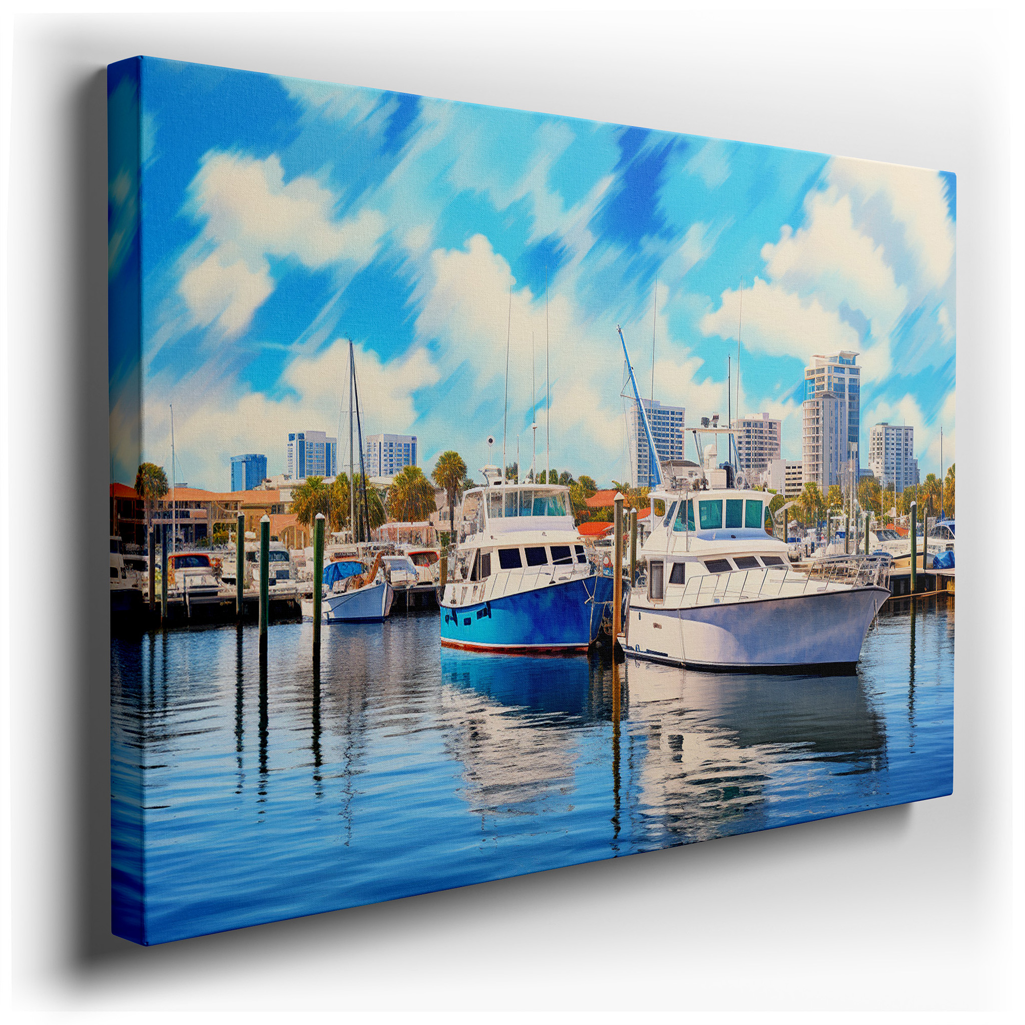 Serene Marina and Dynamic City Skyline, Peaceful Water Reflections of Elegant Boats and Tall Buildings, Large Canvas