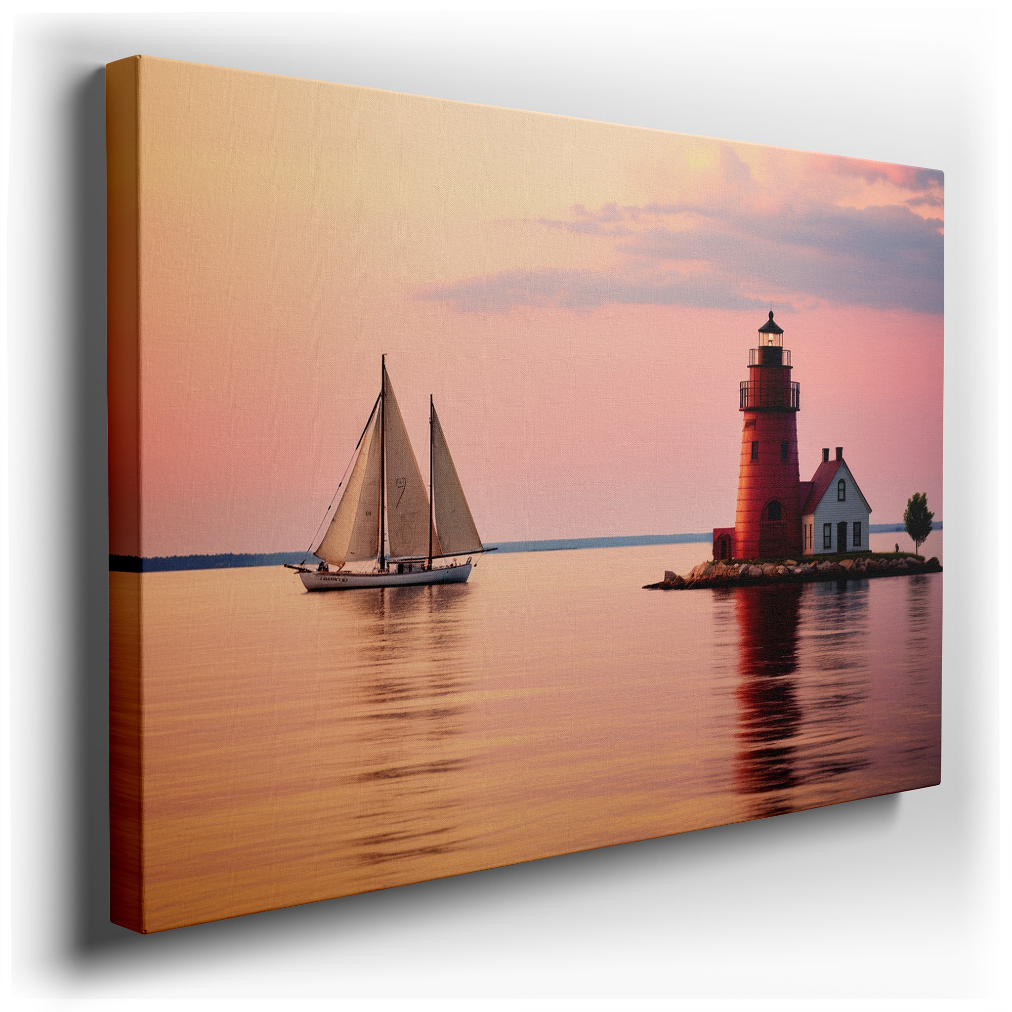 Serene Maritime Canvas Art Featuring Red Lighthouse and Sailboat at Twilight - Large Wall Decor for Office and Bedroom