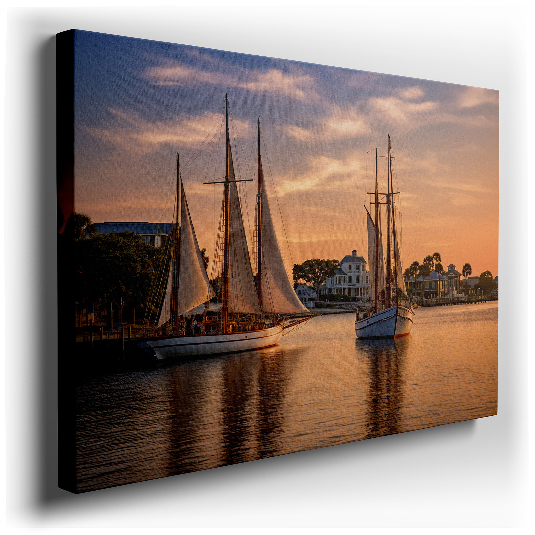 Serene Maritime Sunset Scene Featuring Elegant Sailing Vessels - Large Canvas Wall Art for Office, Bedroom, and Living