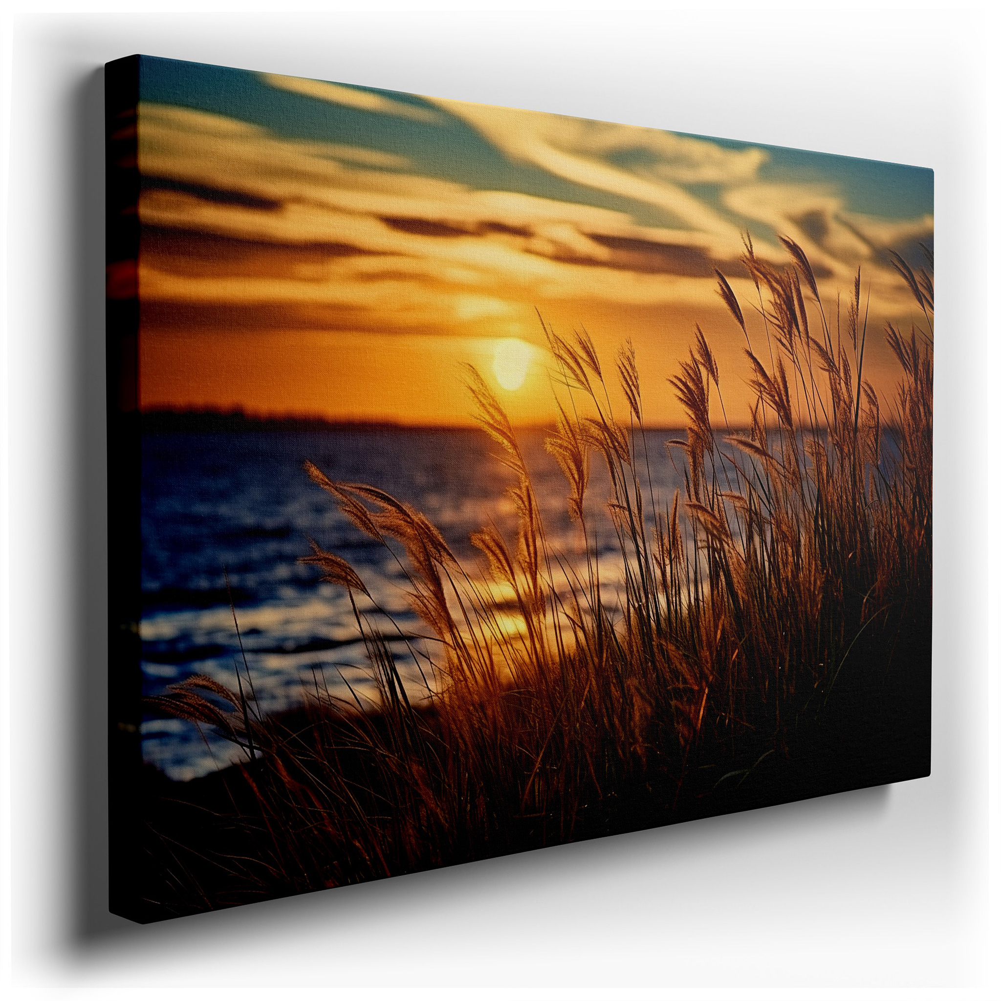 Serene Meadow at Sunset: Large Canvas Wall Art Featuring Golden Grass and Reflective Waters for Office, Bedroom, and