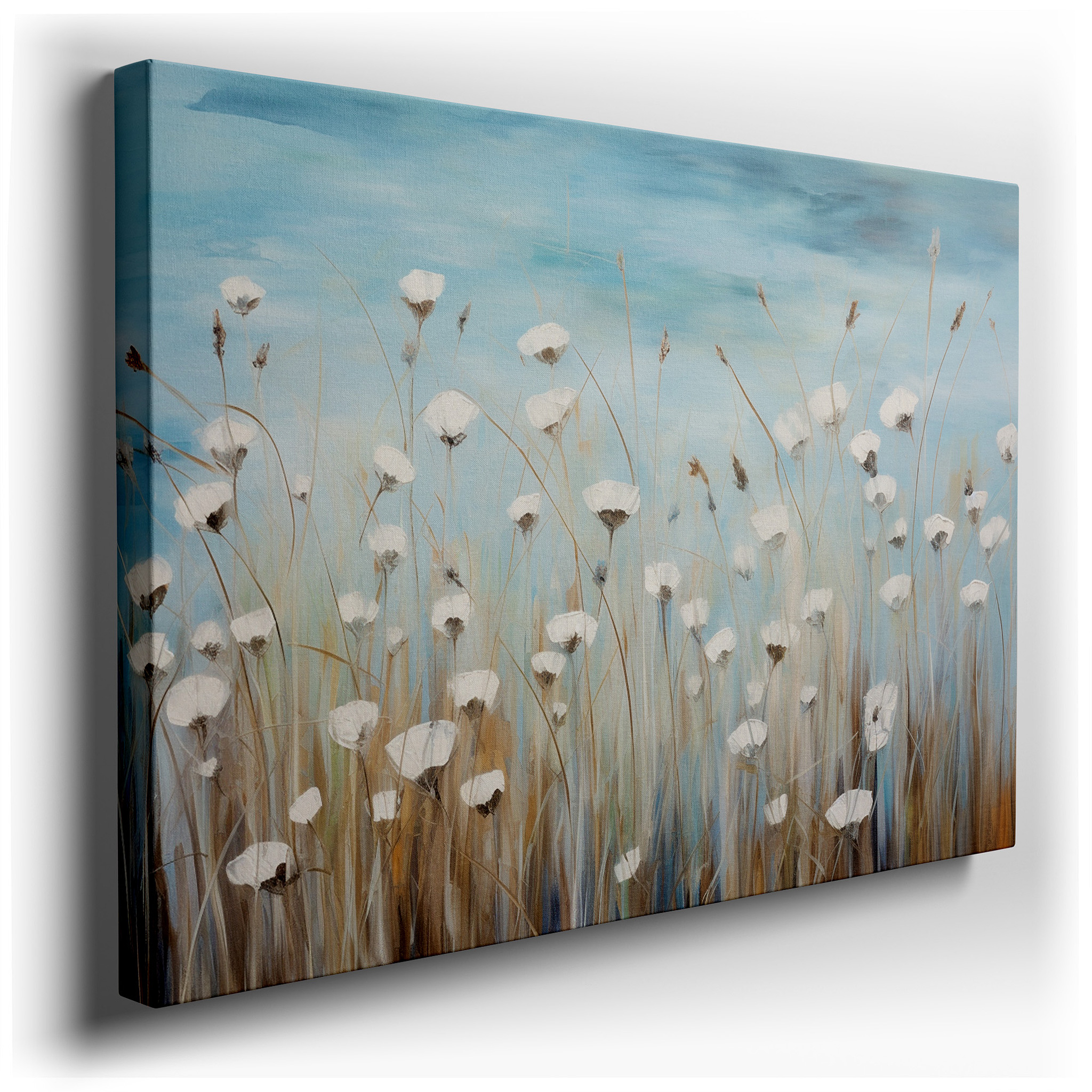Serene Meadow of White Wildflowers Large Canvas Wall Art with Blue Backdrop, Perfect for Office or Bedroom Decor
