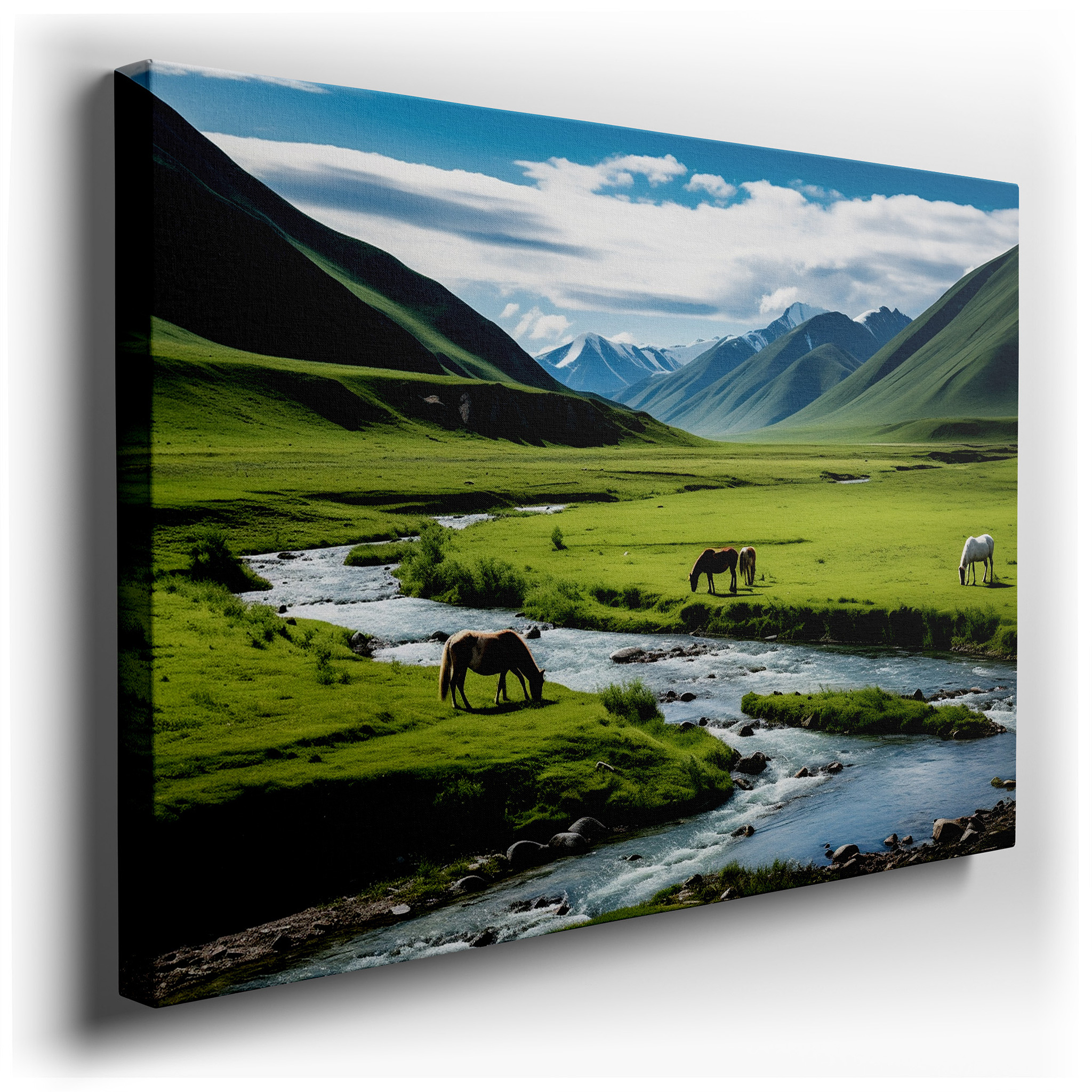 Serene Meadow with Majestic Horses Under Snow - Capped Peaks: Tranquil Large Wall Art for Office and Home Decor, Canvas