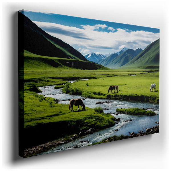 Serene Meadow with Majestic Horses - Tranquil Canvas Wall Art