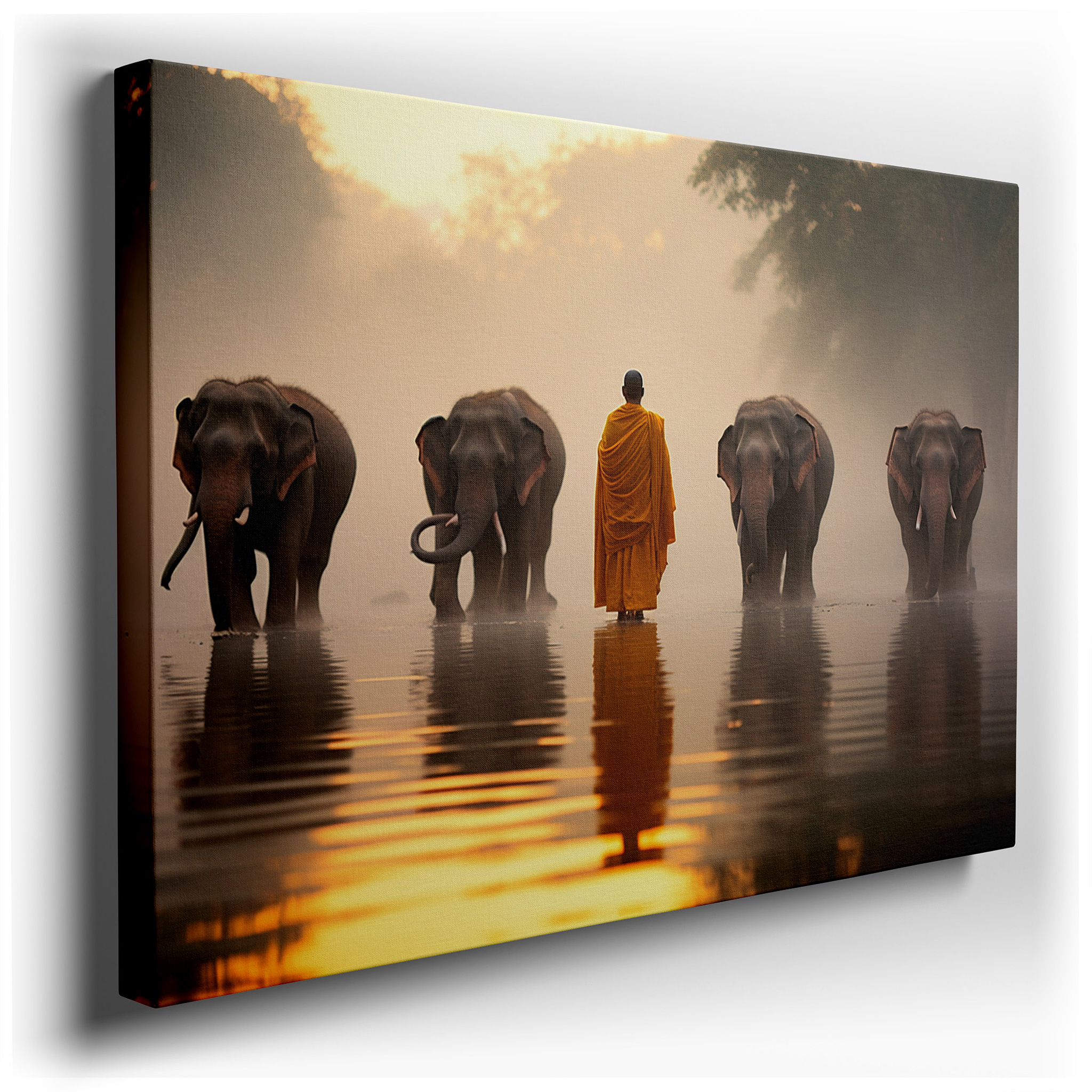 Serene Monk and Majestic Elephants at Sunset by the Misty River Wall Art - Large Canvas Decor for Office, Bedroom, and