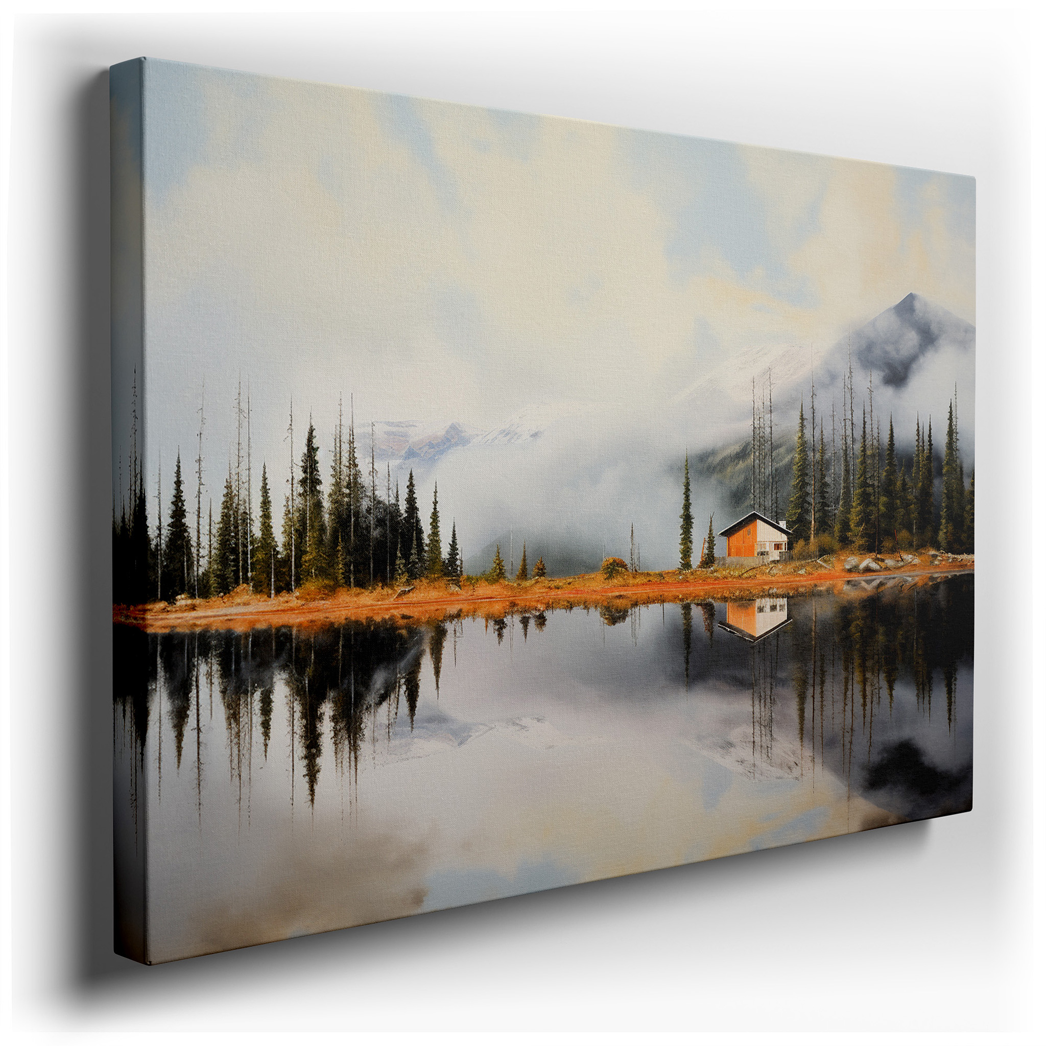 Serene Morning by the Lake, Surrounded by Majestic Pines and Mist, Large Canvas Wall Art for Home and Office Decor
