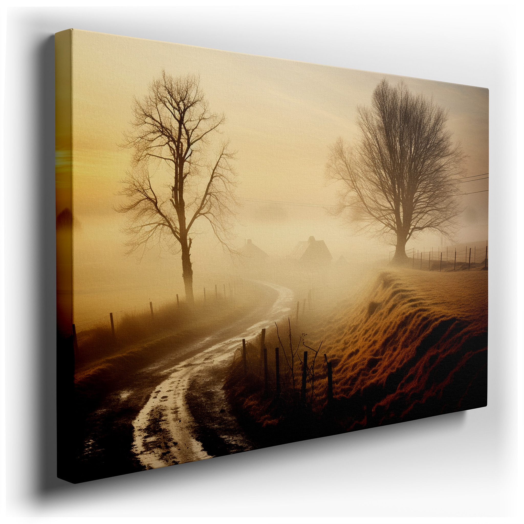 Serene Morning Mist and Golden Sunrise Over Tranquil Rural Landscape, Large Canvas Wall Art wrapped canvas - main