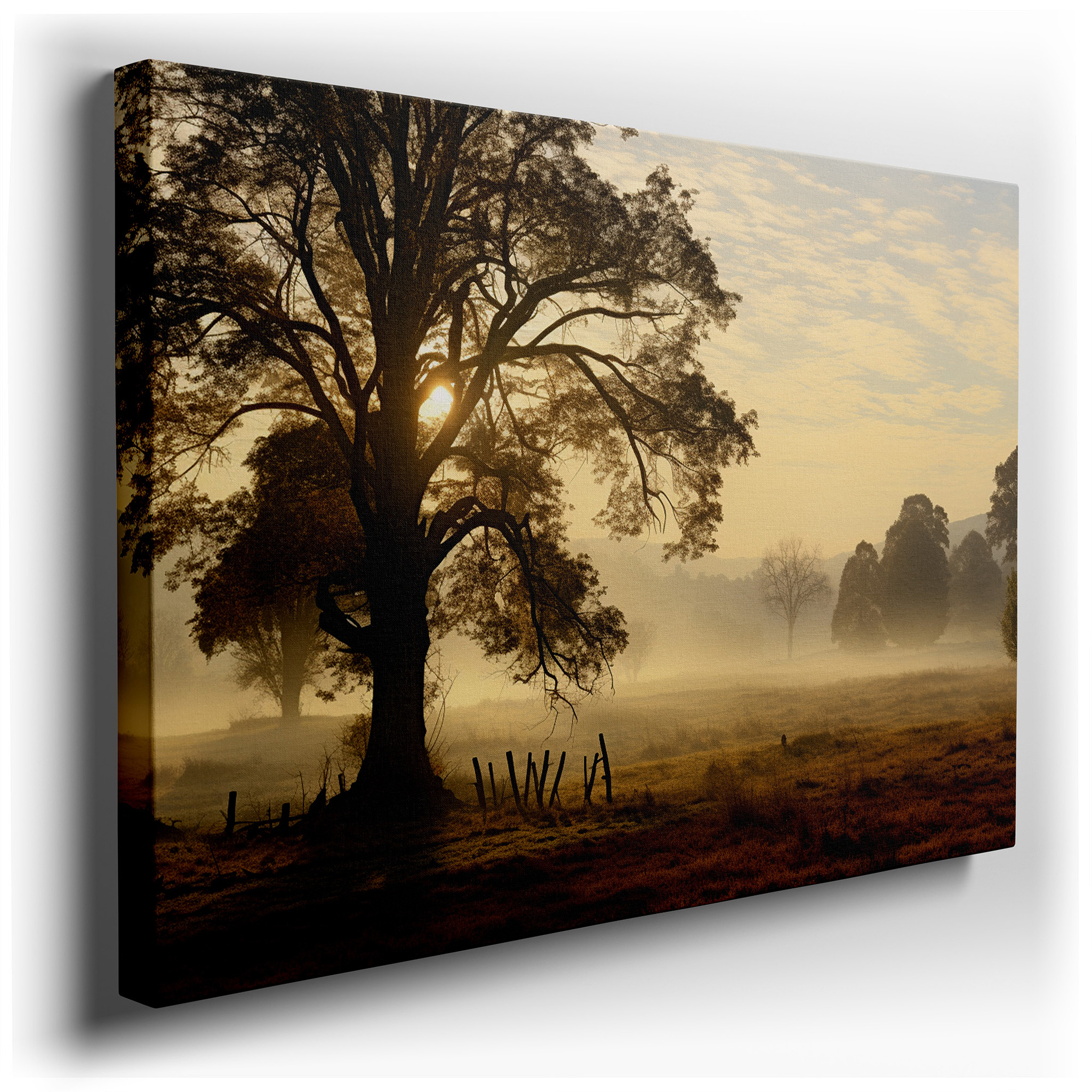 Serene Morning Scene with Misty Tree and Soft Pastel Sky - Large Canvas Wall Art for Office and Bedroom Decor wrapped