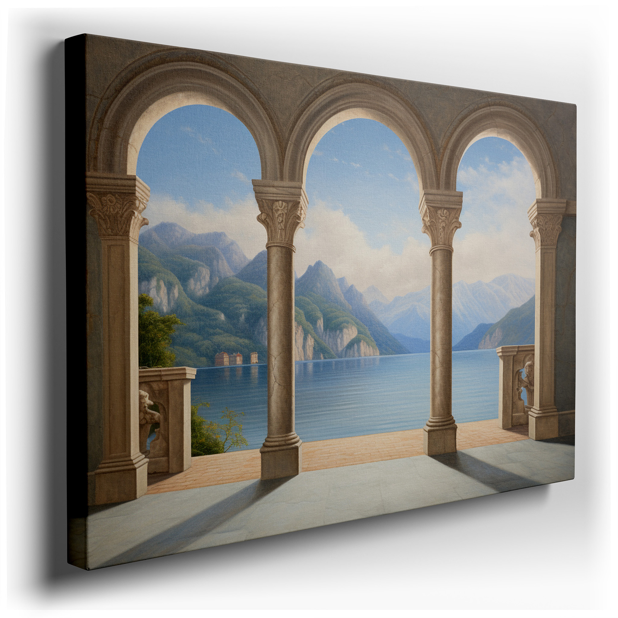 Serene Mountain Lake and Lush Valleys View Through Arched Windows, Tranquil Landscape Large Wall Art, Canvas Wall Decor