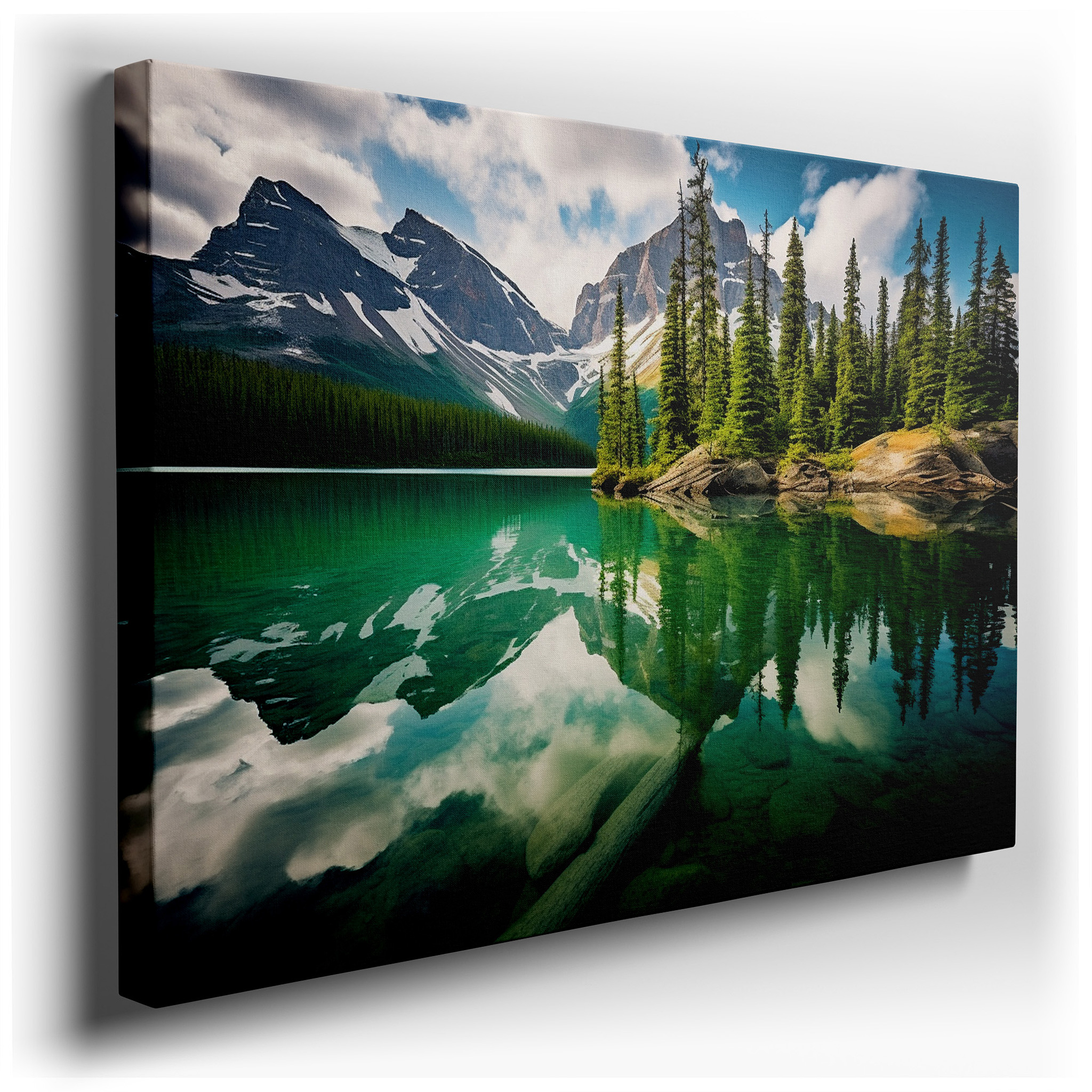 Serene Mountain Lake and Majestic Peaks Wall Art: Tranquil Waters and Large Canvas Decor for Office and Bedroom wrapped